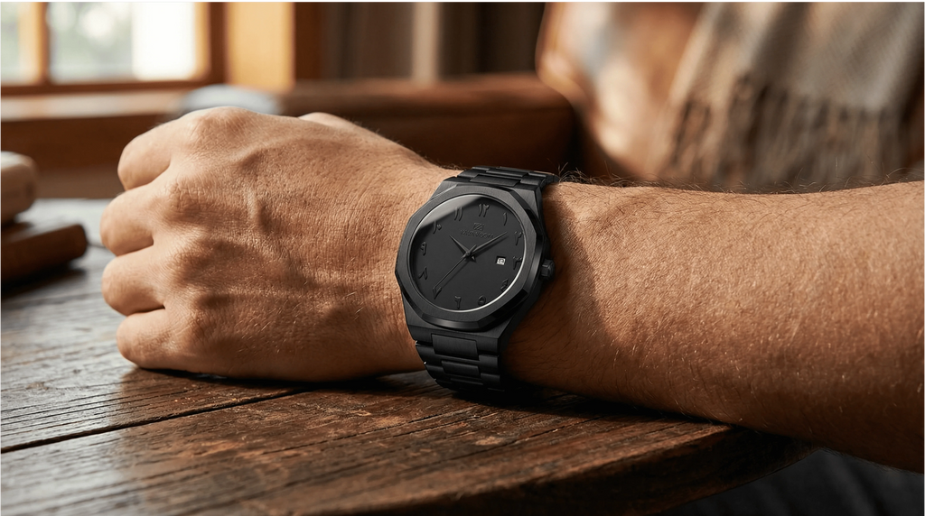 Man wearing an octagonal luxury watch with a black Arabic dial on his wrist, showcasing architectural brilliance.