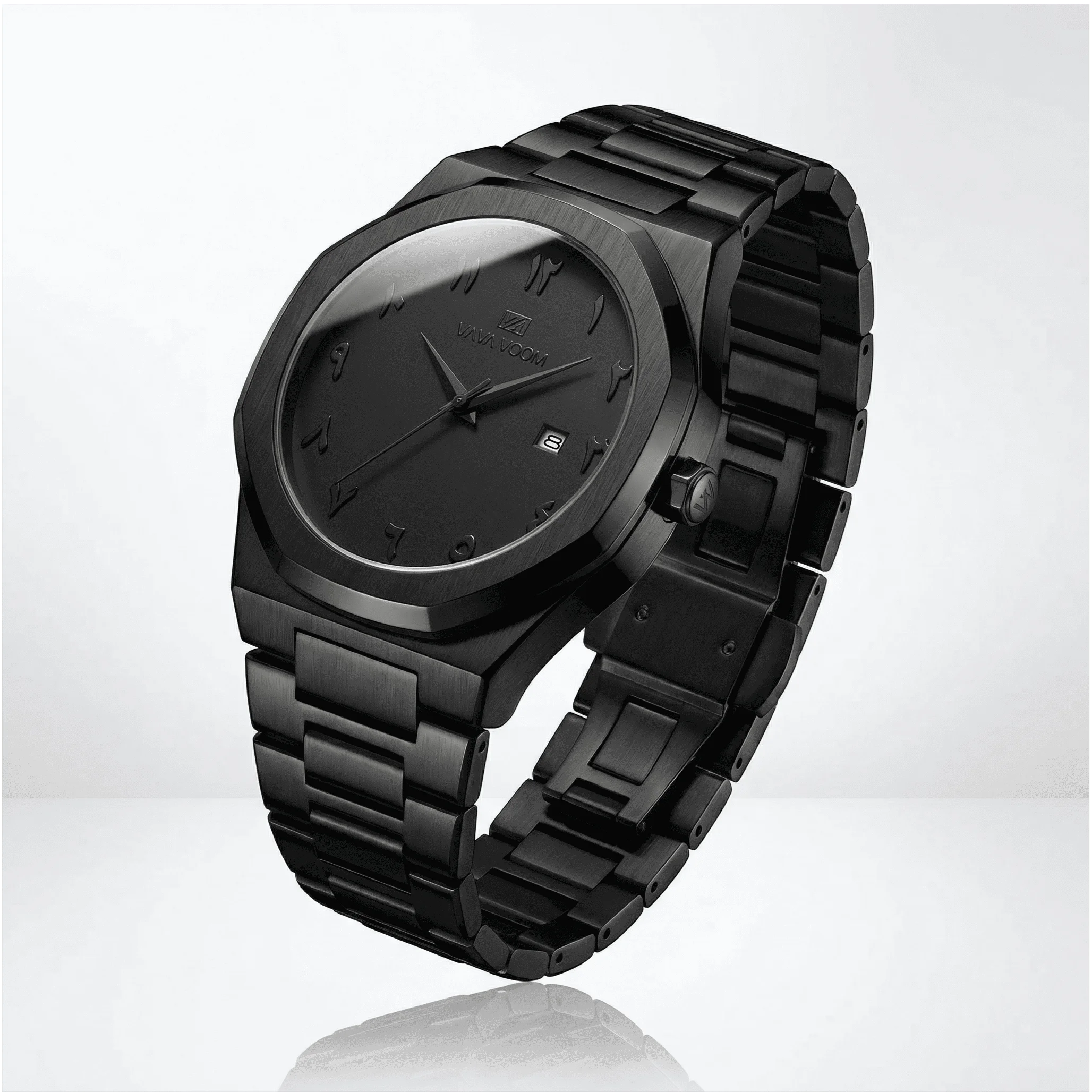 Side profile showcasing the robust case of an octagonal luxury watch with a black Arabic dial.