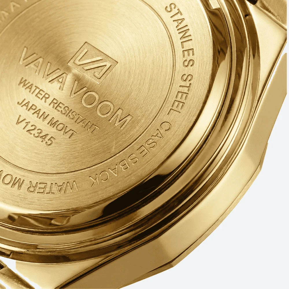 Side profile demonstrating the slim 8.5mm case of a geometric luxury gold tone watch.