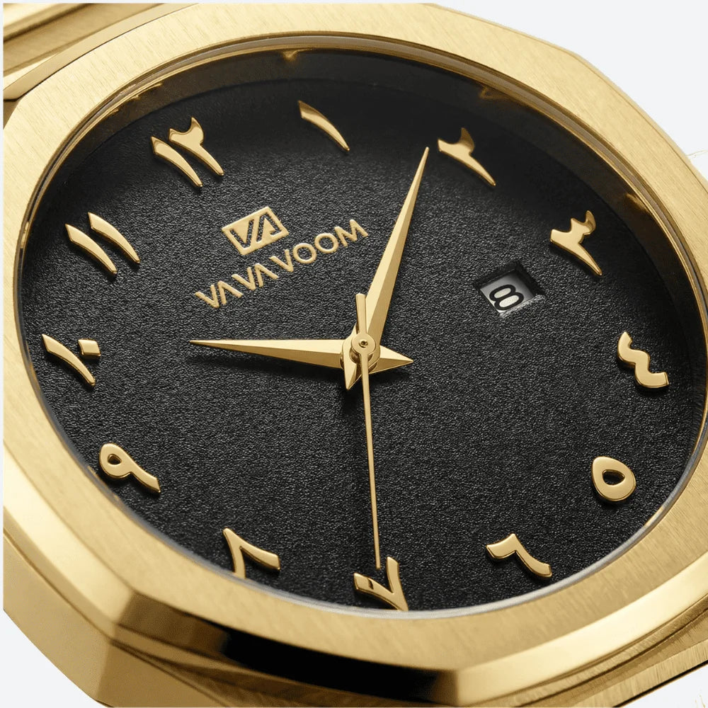 Classic straight-on view of an octagonal luxury gold tone watch, a striking premium accessory.