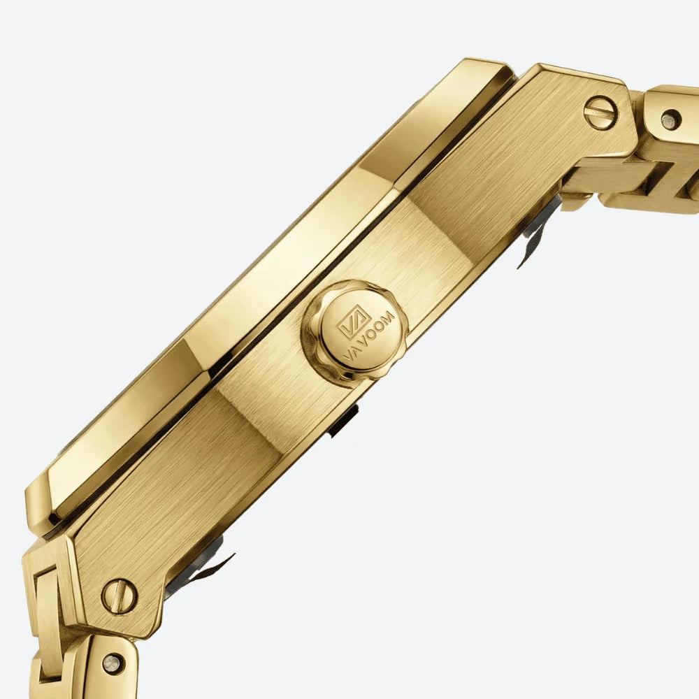Angled presentation of an octagonal gold tone watch, a commanding stainless steel watch.