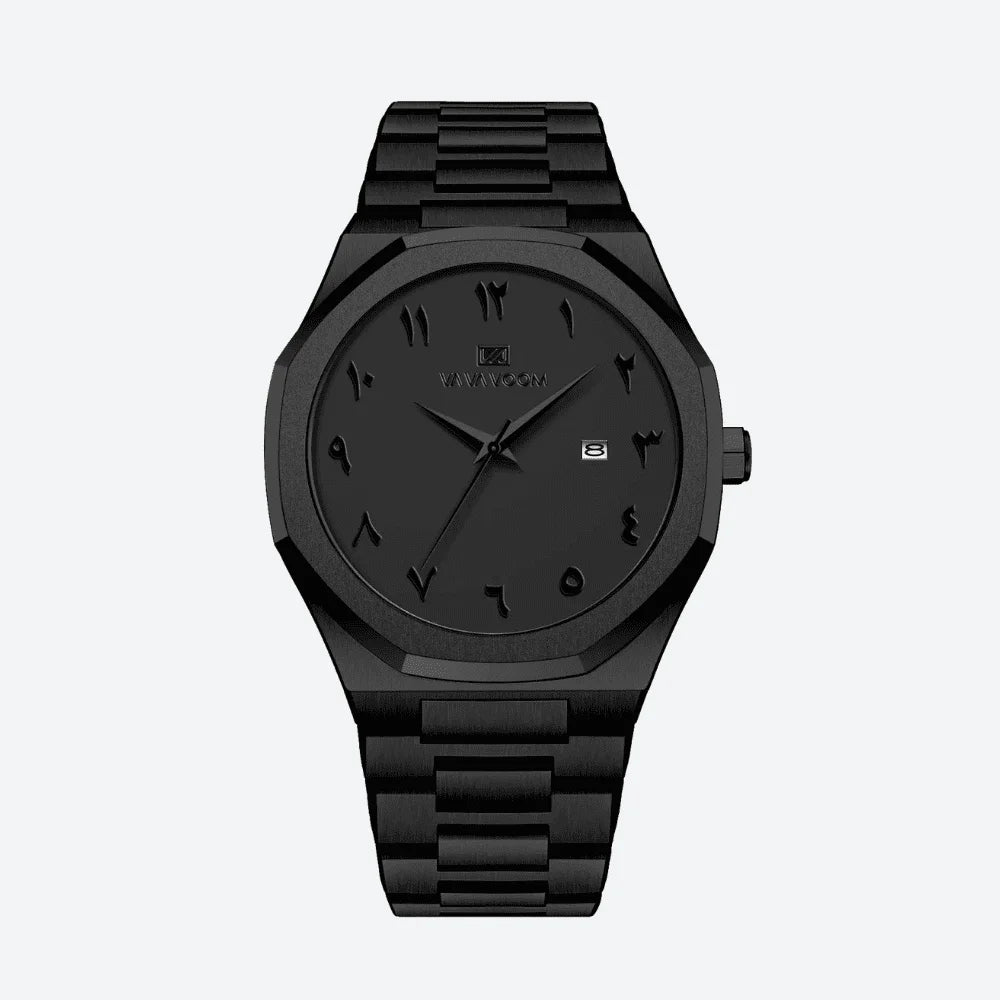 Detailed front view of a geometric luxury watch with a black Arabic dial, a sophisticated analog watch.
