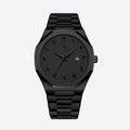 Detailed front view of a geometric luxury watch with a black Arabic dial, a sophisticated analog watch.