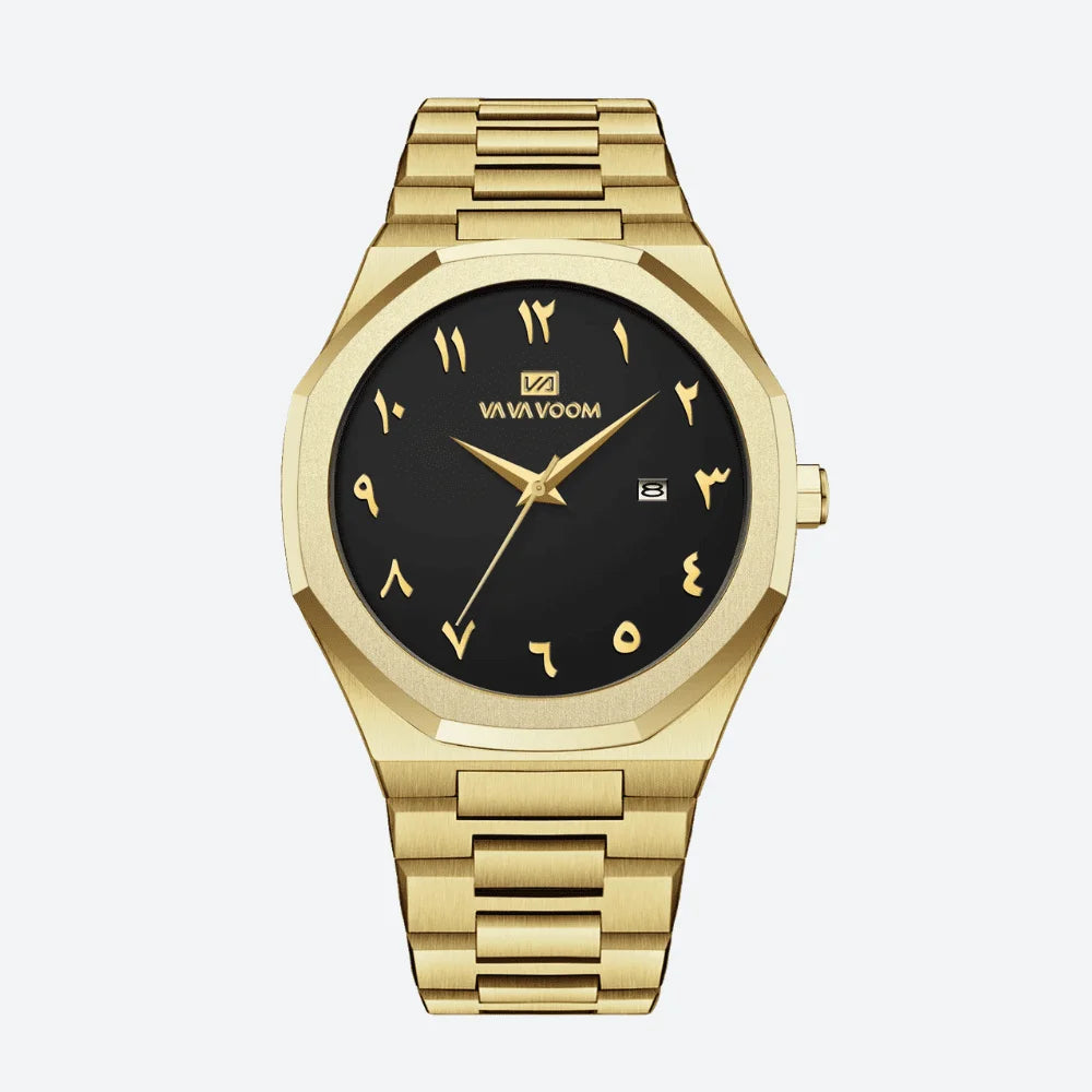 Detailed front view of a geometric luxury gold tone watch with an Arabic dial, a sophisticated analog watch.