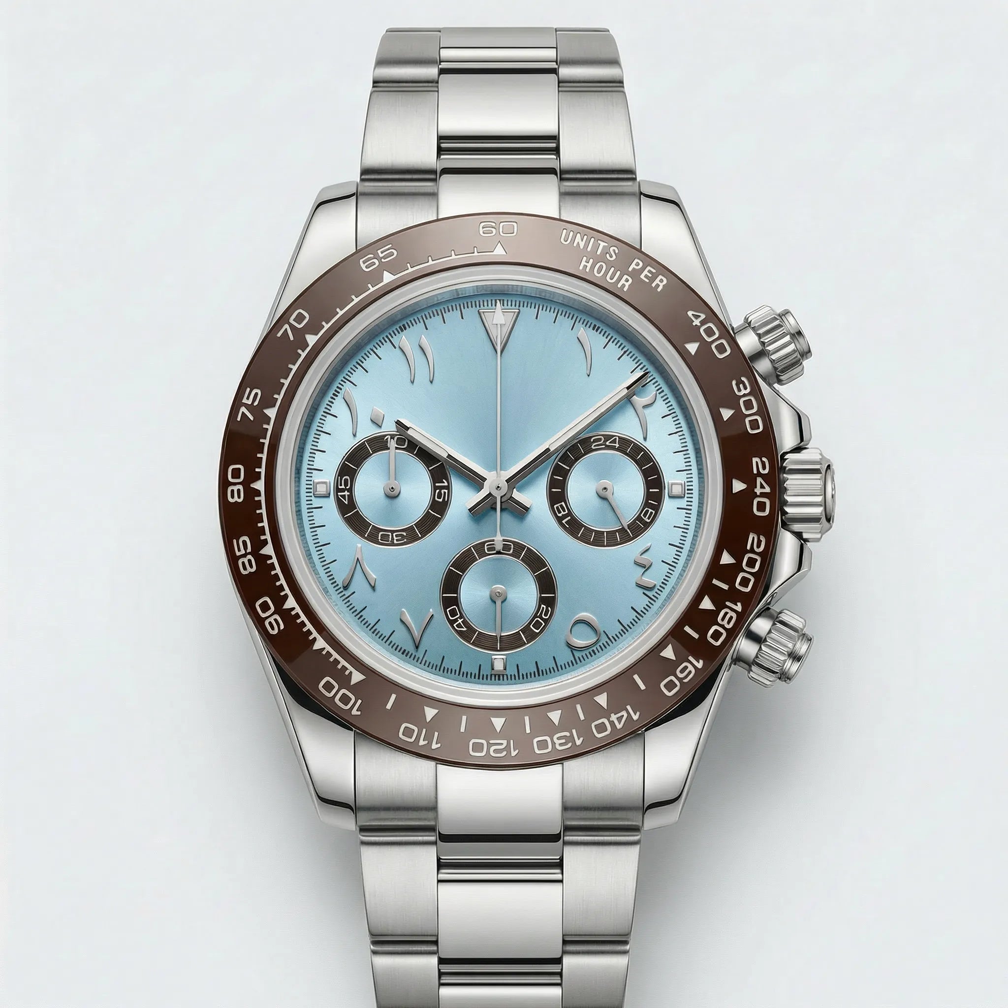 Detailed front view of a minimalist silver watch with a black Arabic dial, a sleek analog watch.