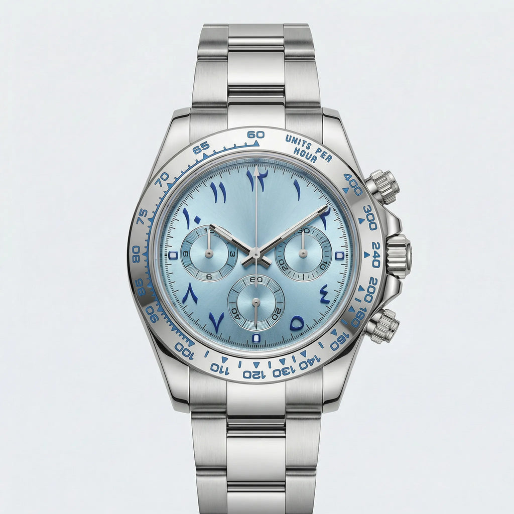 Detailed front view of a minimalist watch with a white Arabic dial, an elegant simple watch.
