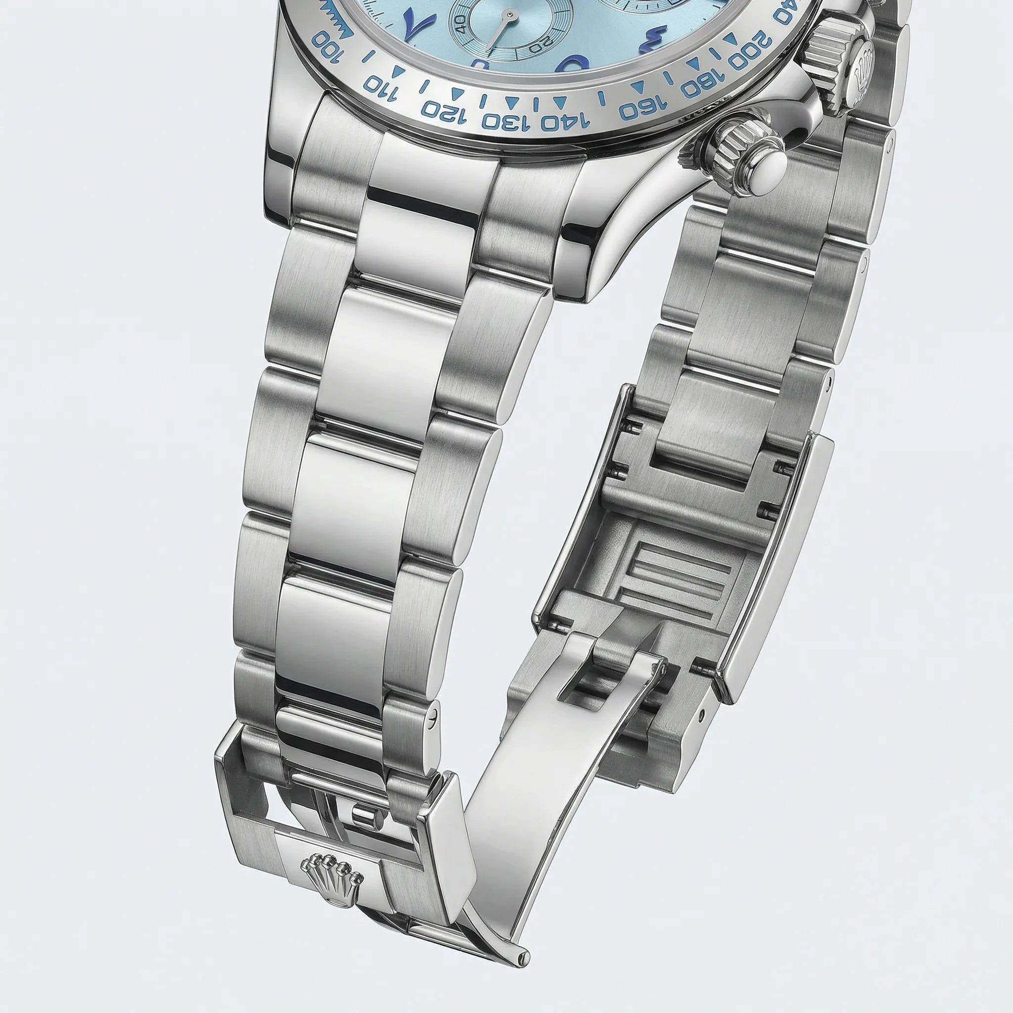 Close-up of the clean white Arabic dial on a minimalist watch, highlighting its elegant layout.