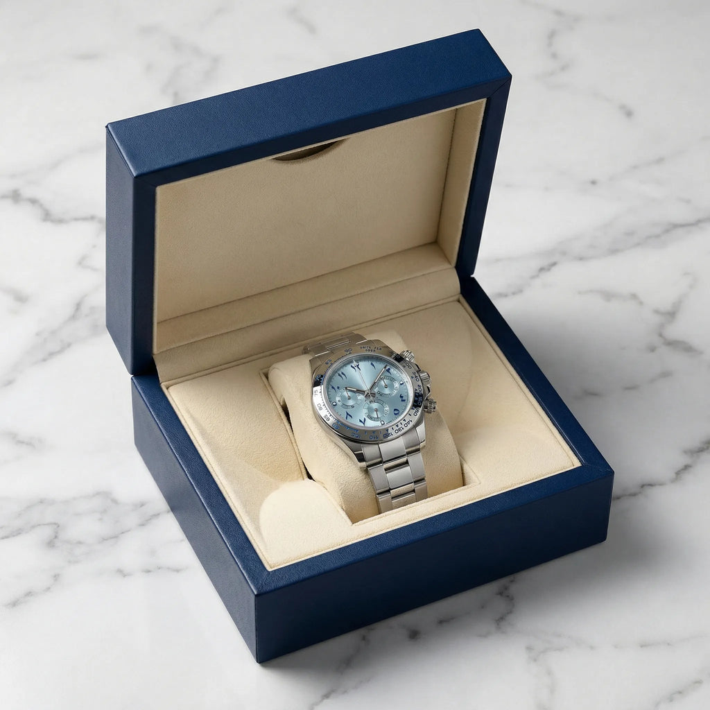 Classic straight-on view of a minimalist watch with a white Arabic dial, an understated analog watch.