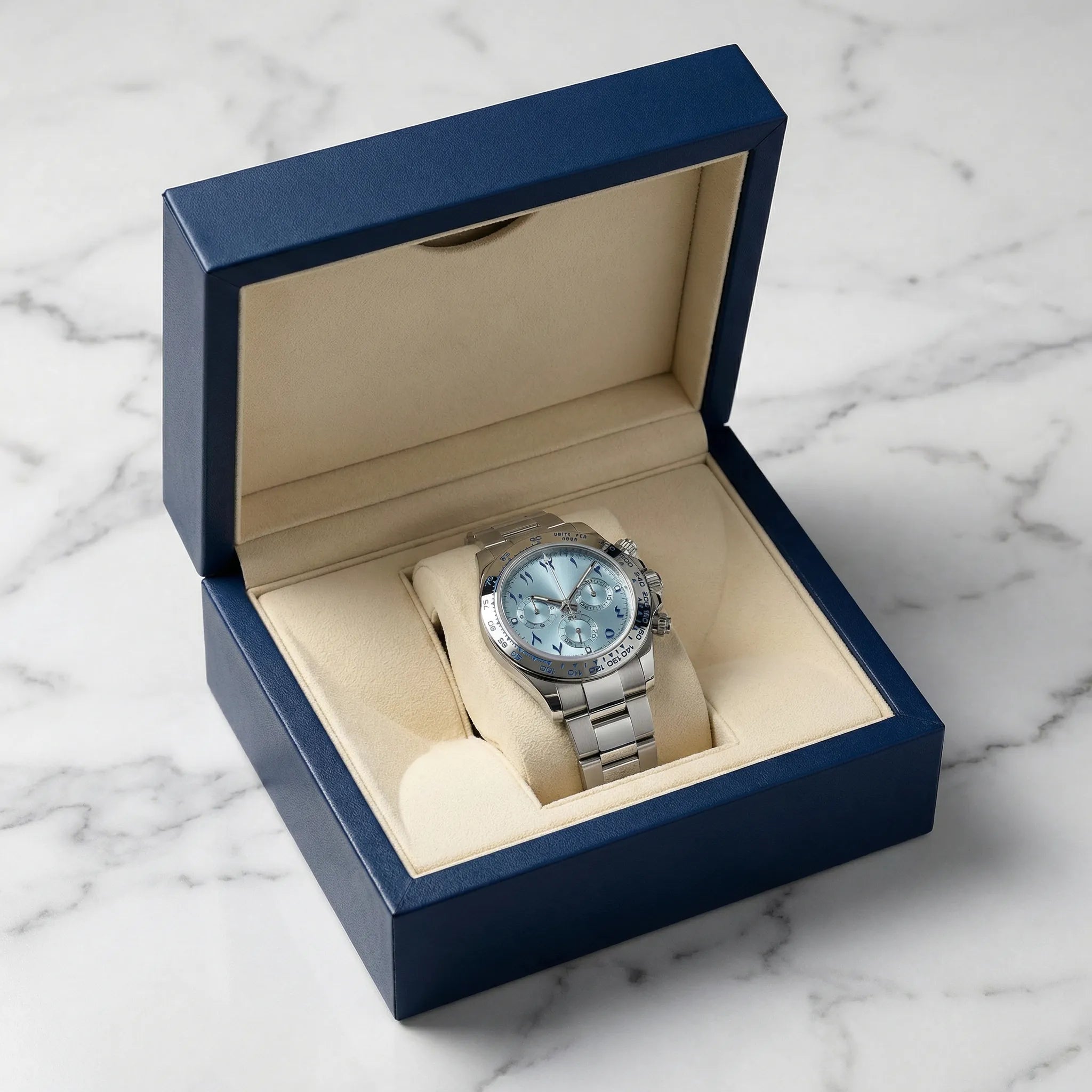 Classic straight-on view of a minimalist watch with a white Arabic dial, an understated analog watch.