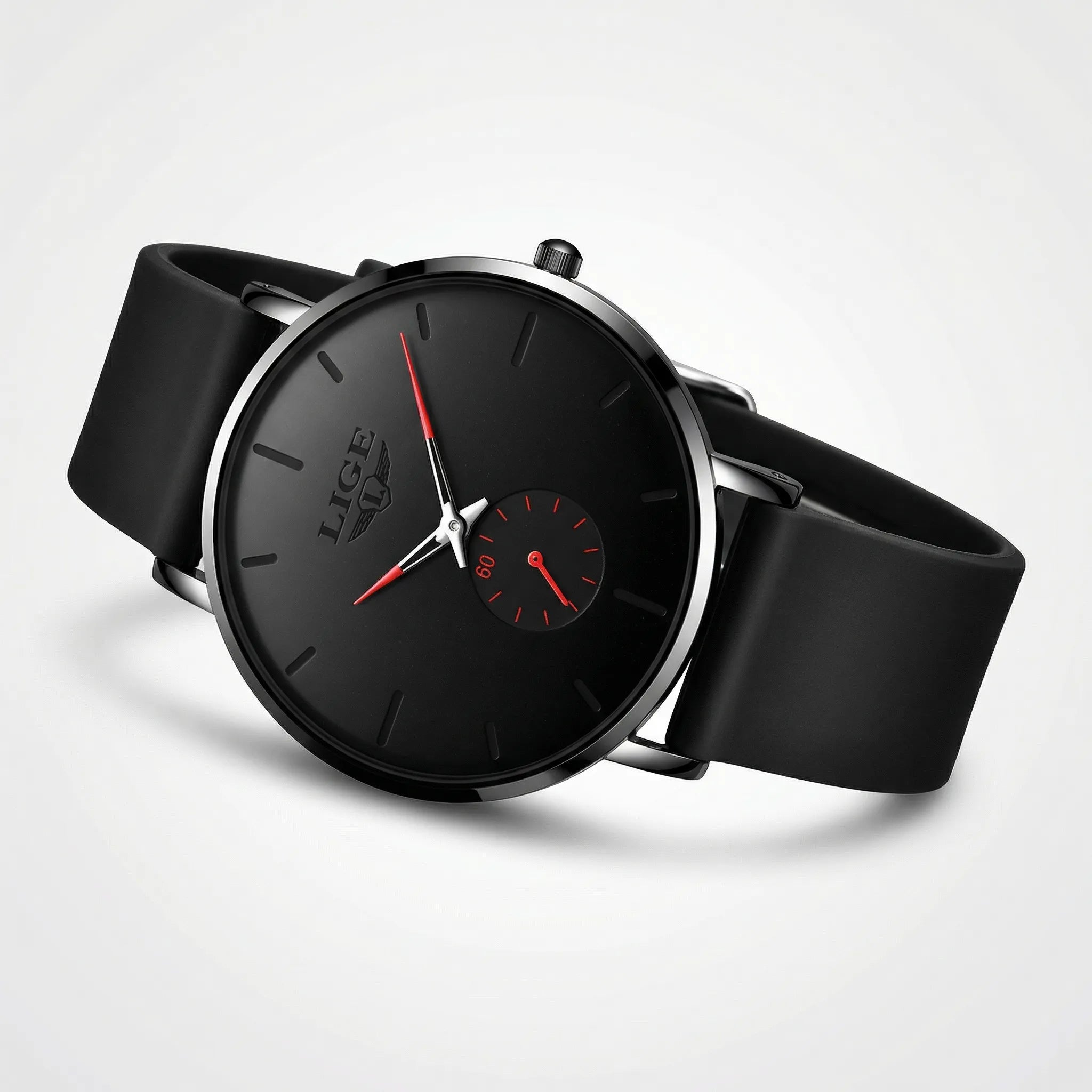 Classic straight-on view of a minimalist black and red watch, a sophisticated dress watch.