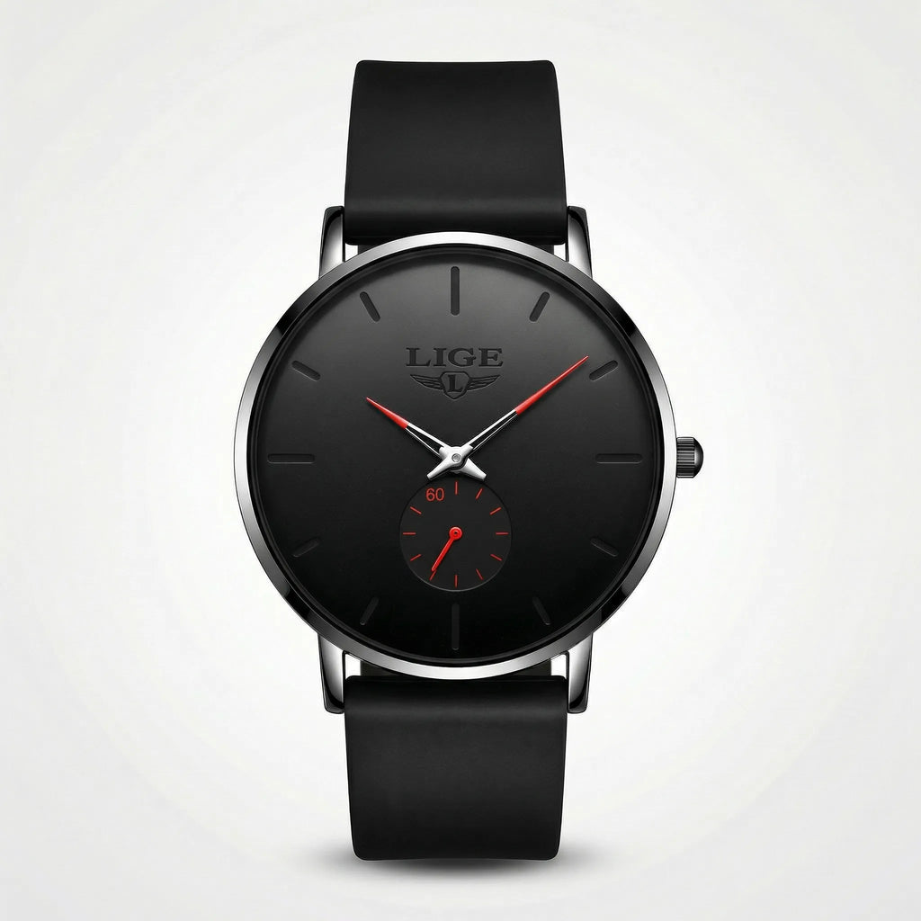 Detailed front view of a minimalist black and red watch with a mesh band, an elegant simple watch.