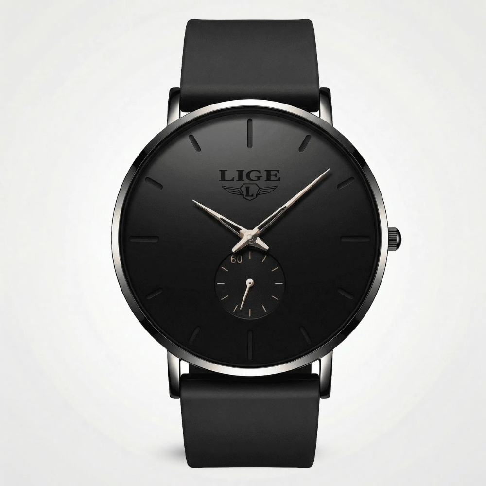 Detailed front view of a minimalist black and rose gold watch with a mesh band, an elegant simple watch.