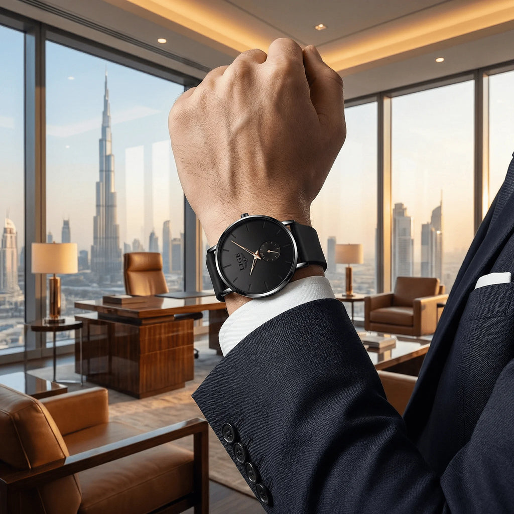 Man wearing a black and rose gold minimalist watch with a mesh band on his wrist, showcasing modern elegance.