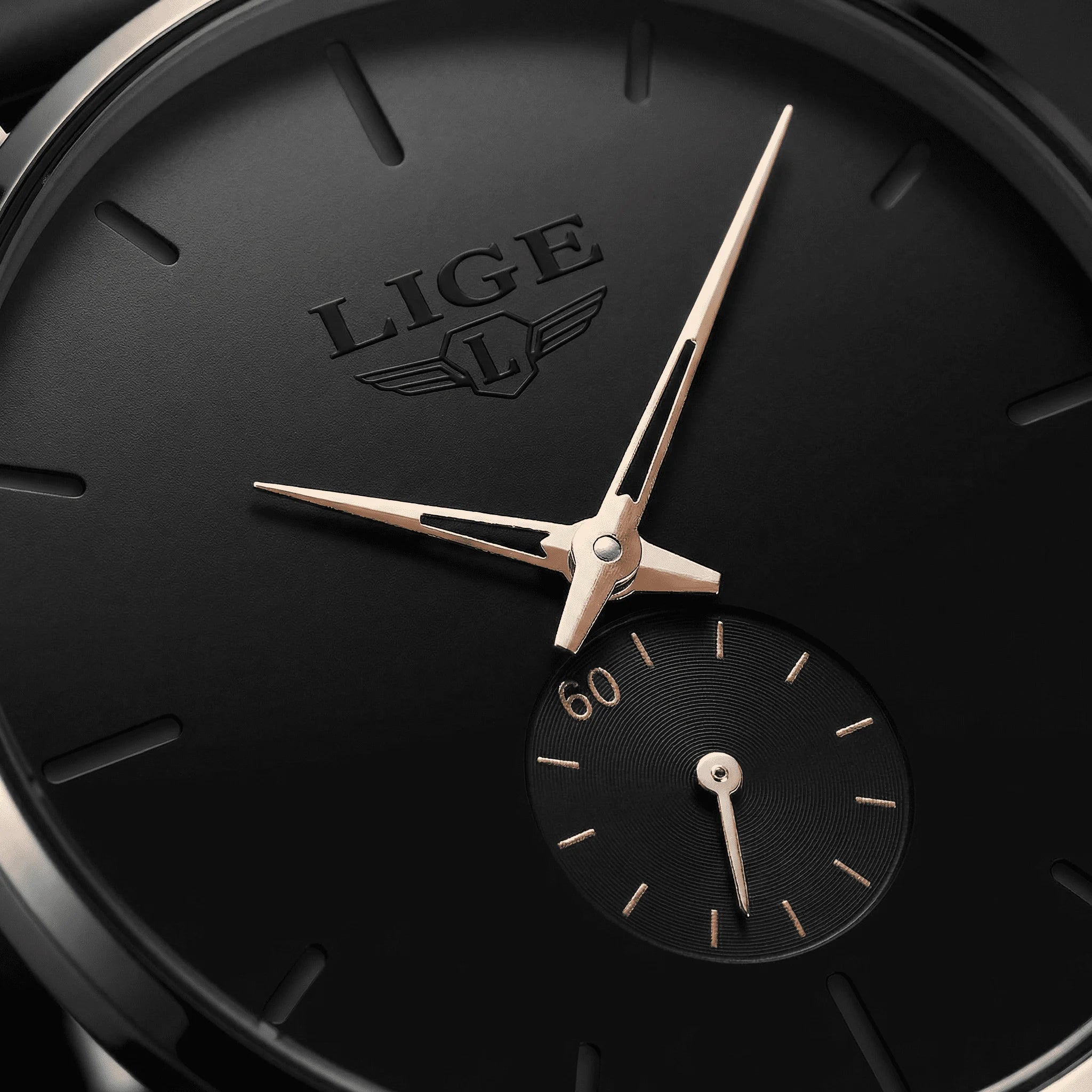 Side profile demonstrating the slim 8mm case of a black and rose gold minimalist watch.