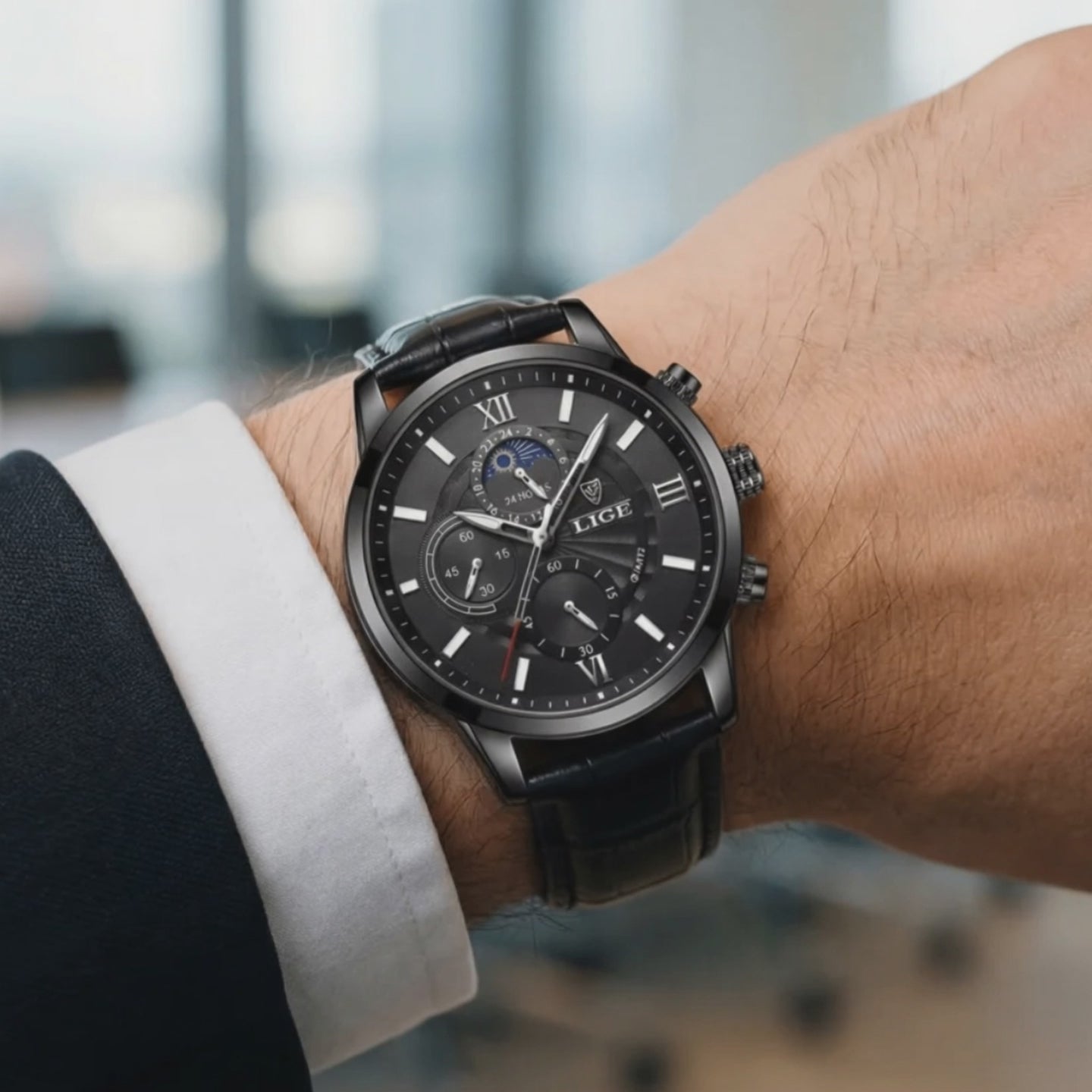 Product showcase of the Windsor Black Leather Band - black watches for men.