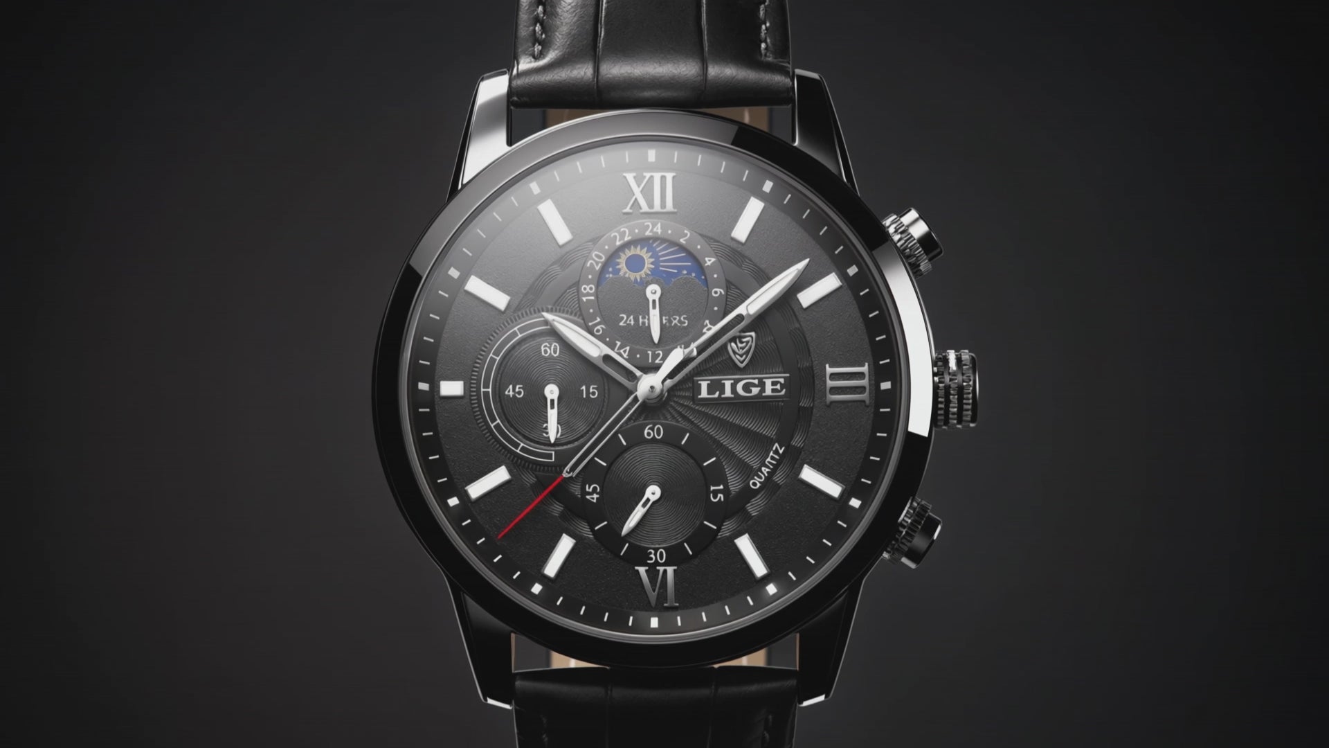 Detailed look at the Windsor Black Leather Band, a black watches for men.