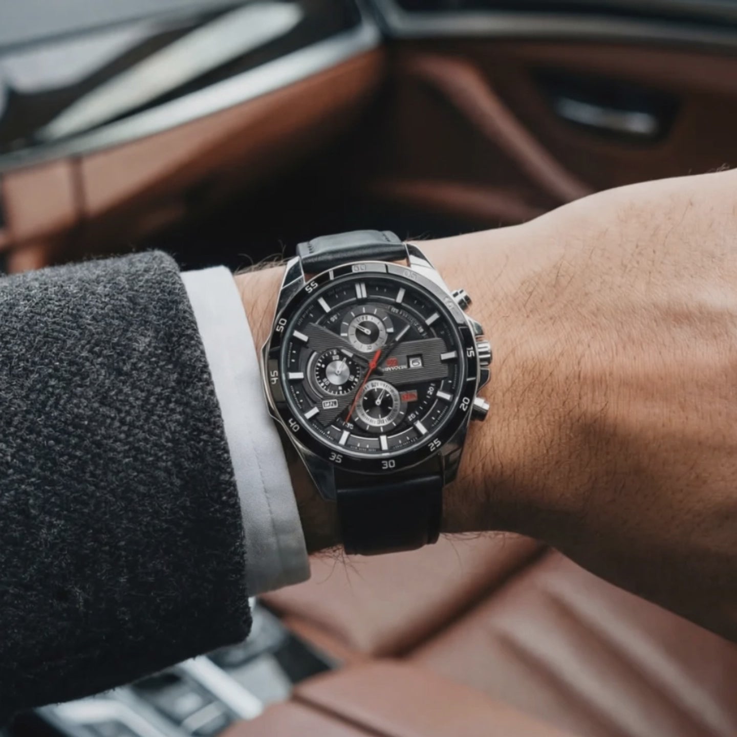 Product showcase of the Ashton Men's Black Leather Strap - black watches for men.