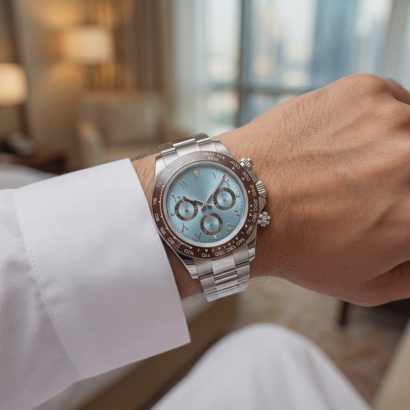 Product showcase of the Mercer Minimalist Arabic Dial Black - black watches for men.