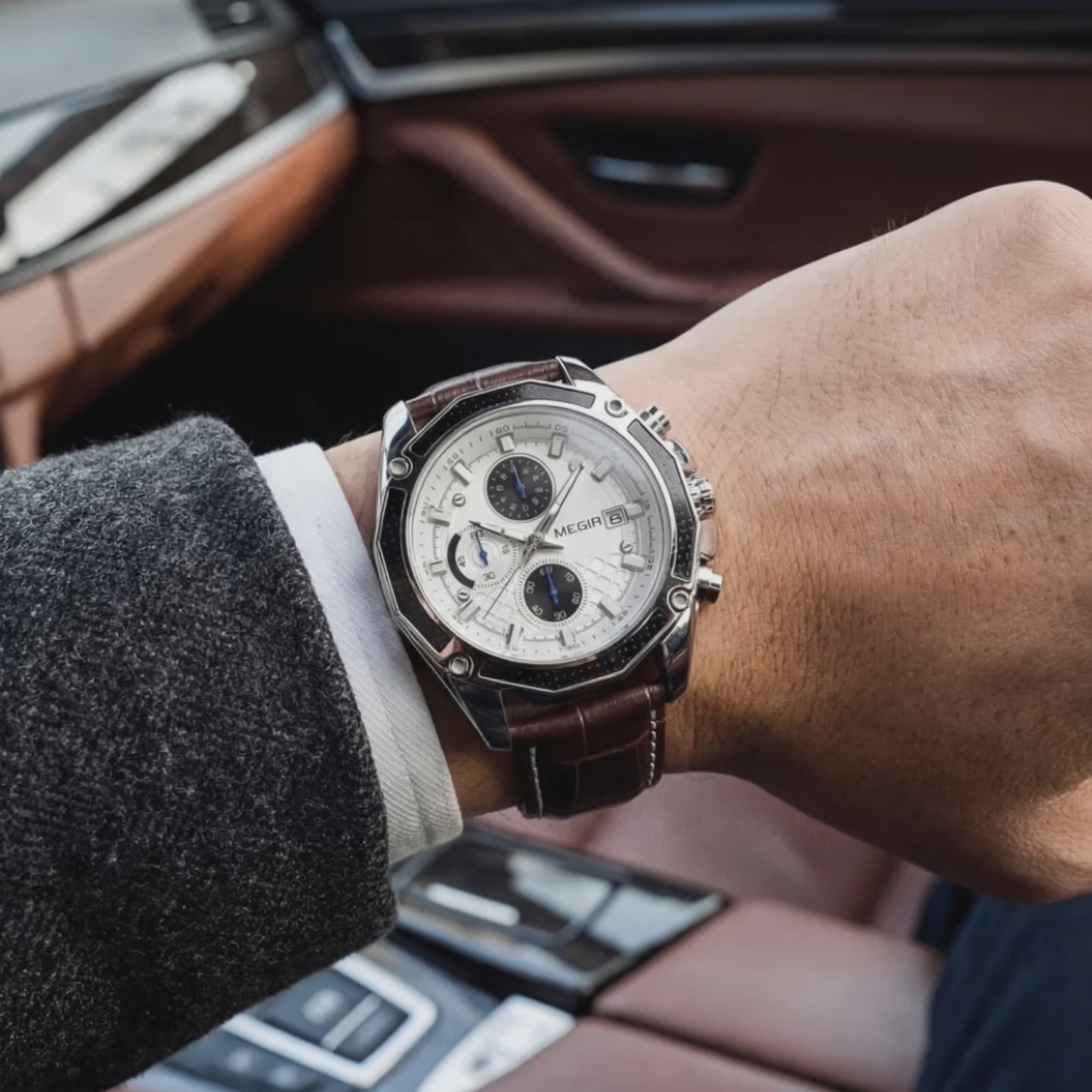 Detailed look at the Belmont Retro Business Men's Leather Brown White, a watches for men with leather strap.