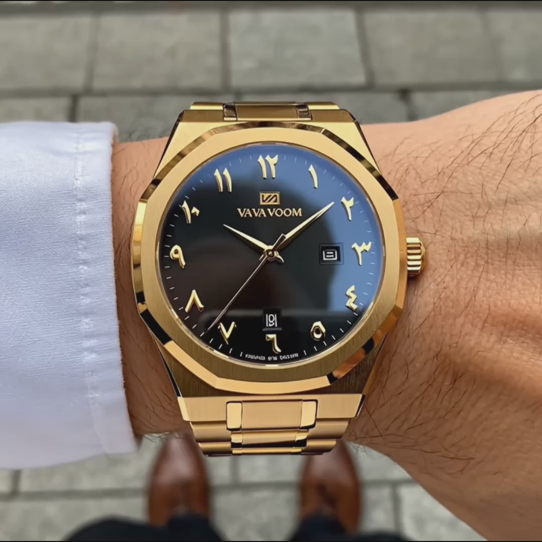 Product showcase of the Arabic Dial Numeral Gold Video Review - gold watches for men.