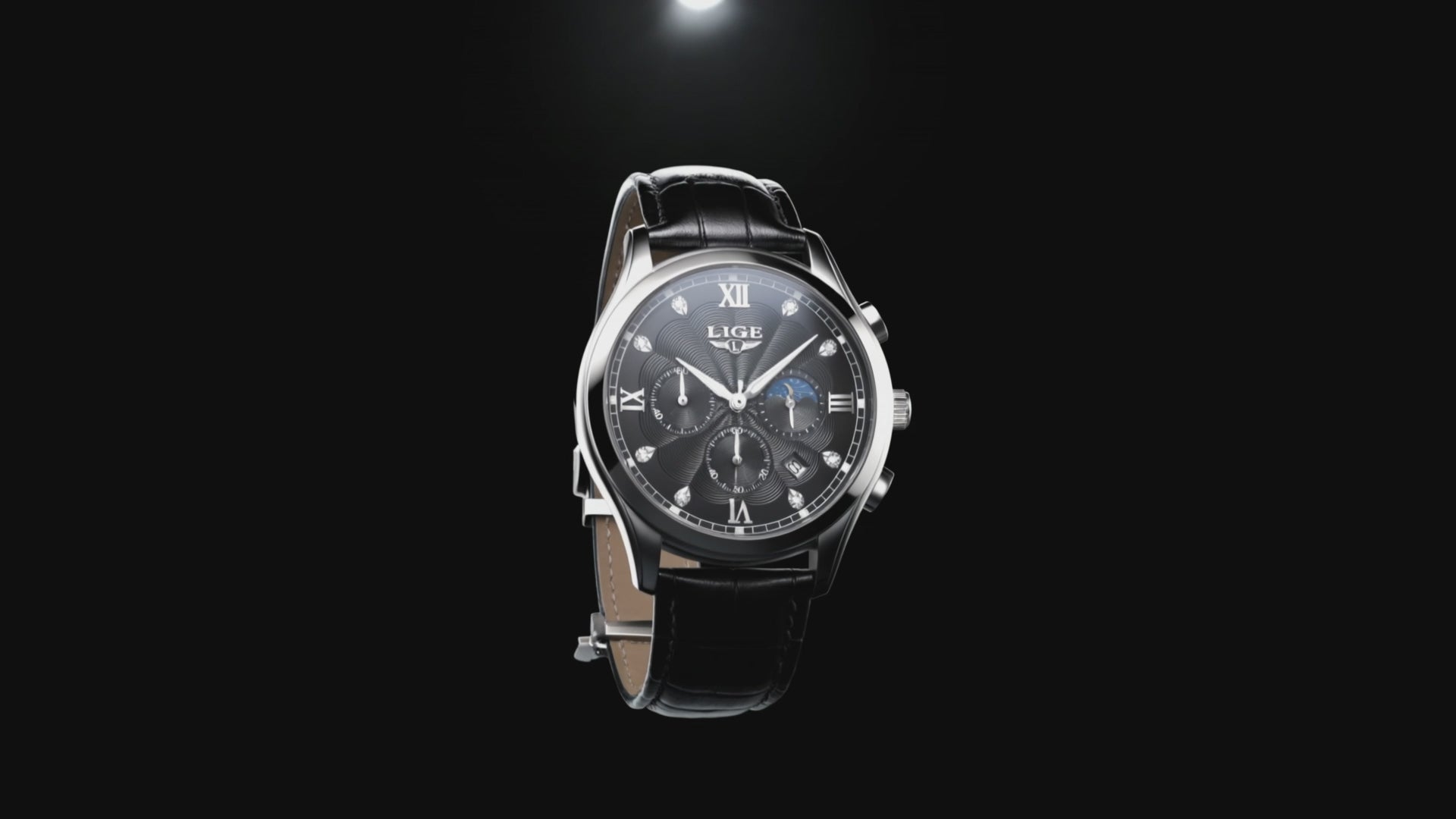Product showcase of the Sterling Black Sophisticated Dial Leather Band - black watches for men.