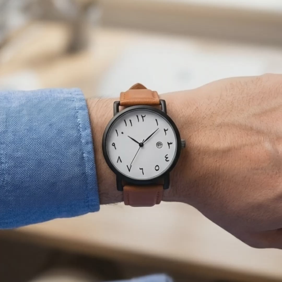 Detailed look at the Arabic Dial Brown White, a watch arabic numerals.