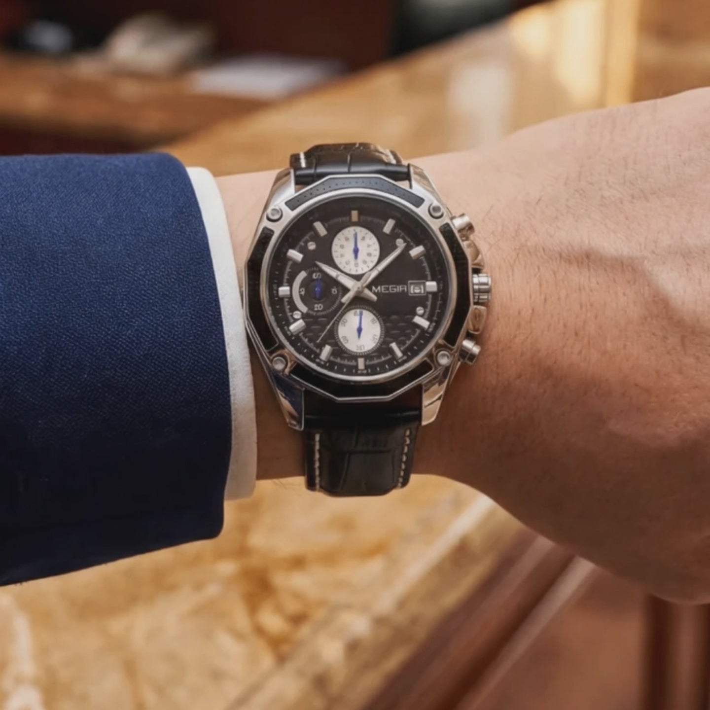 Detailed look at the Belmont Retro Business Men's Leather Black, a watches for men with leather band.