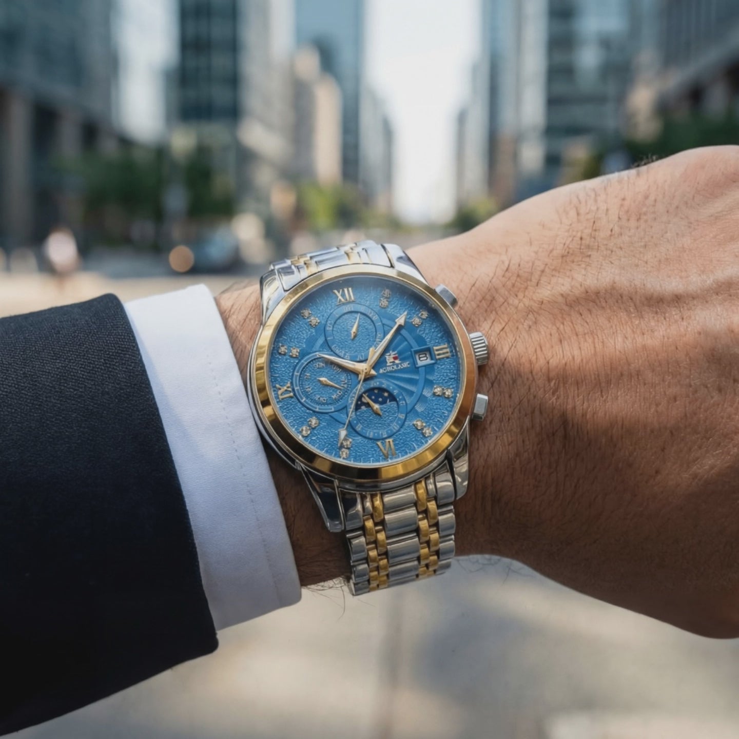 Detailed look at the Kaelen Stainless Steel Business Men's Blue, a blue dial watch.