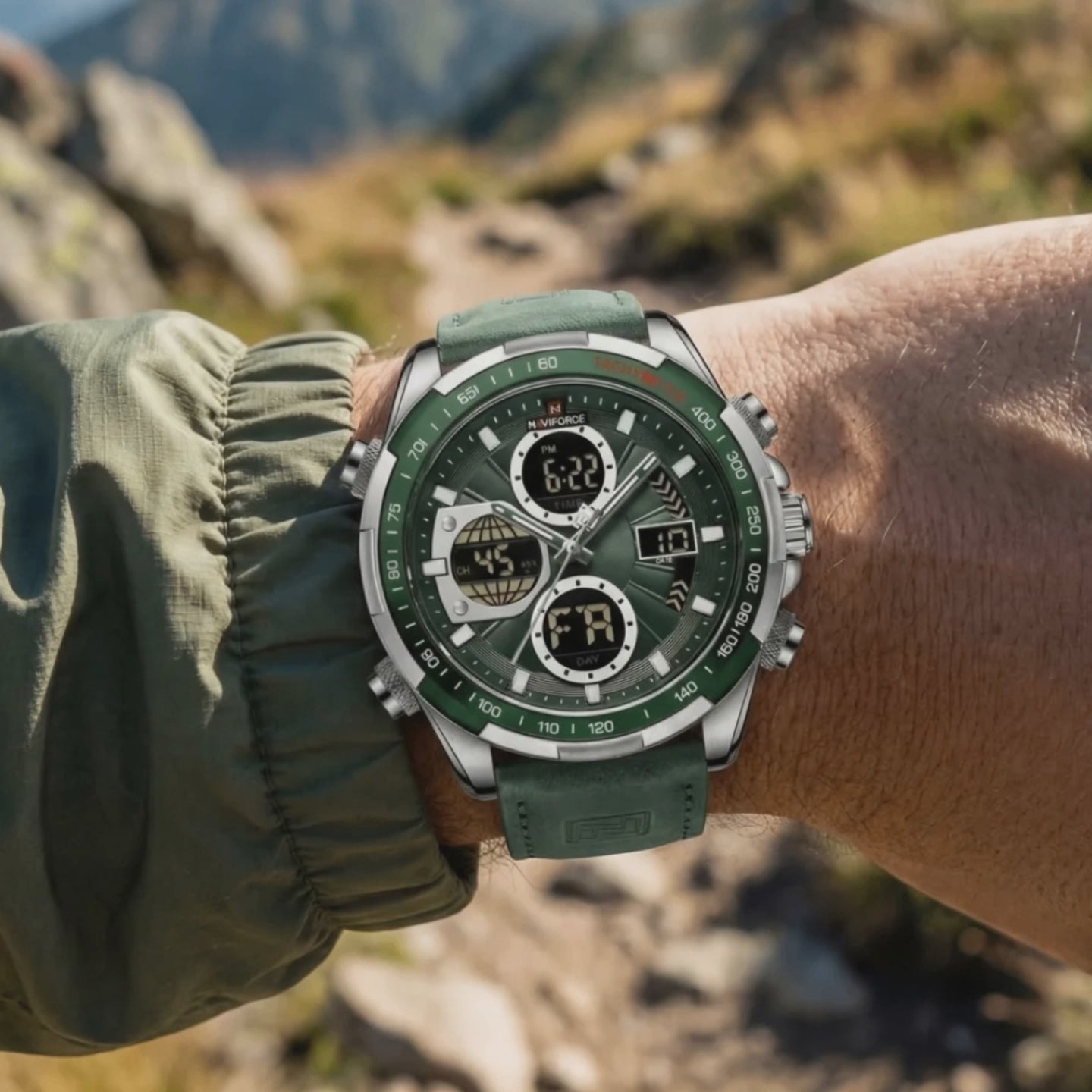 Product showcase of the Velocity Military Chronograph Sport Men's Green - chronograph watches for men.
