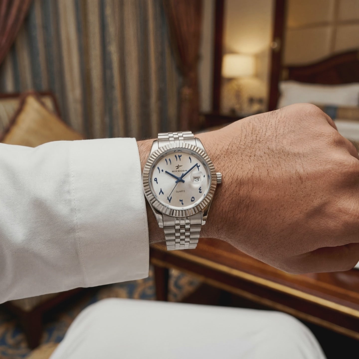 Product showcase of the Mercer Minimalist Arabic Dial Silver - mens silver watch.