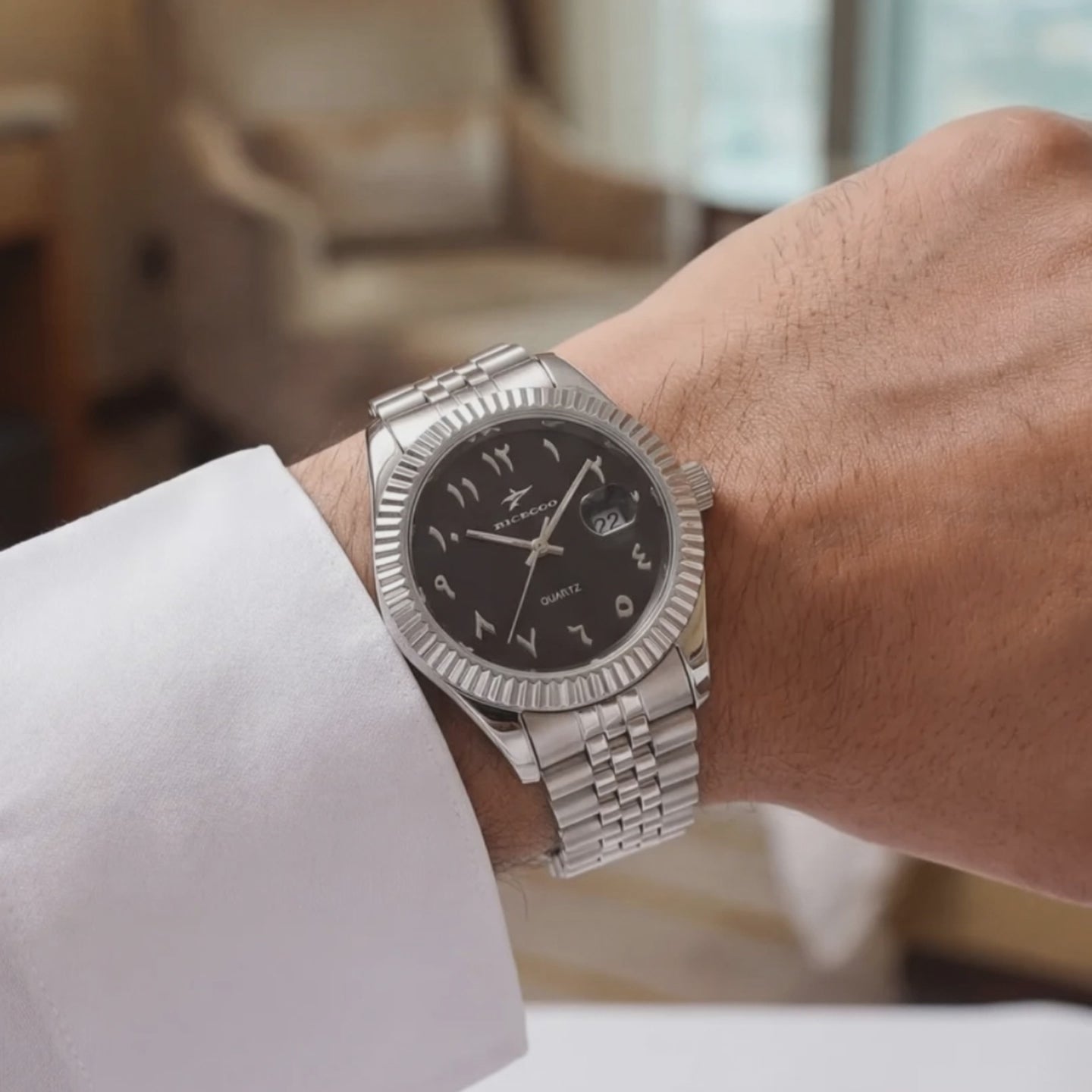 Product showcase of the Clifton Arabic Numerals Business Black - black watches for men.