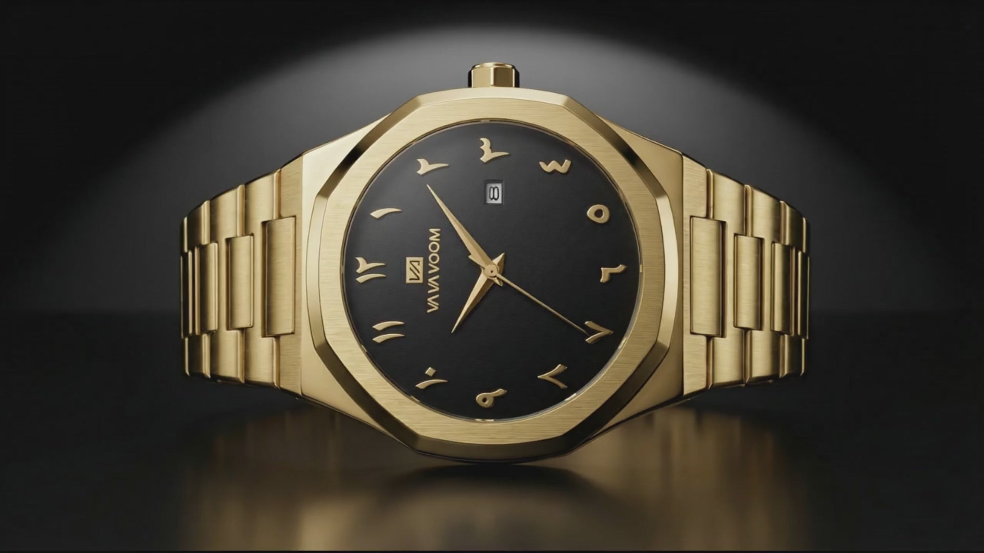 Detailed look at the Arabic Dial Numeral Gold Video, a arabic numerals watch.