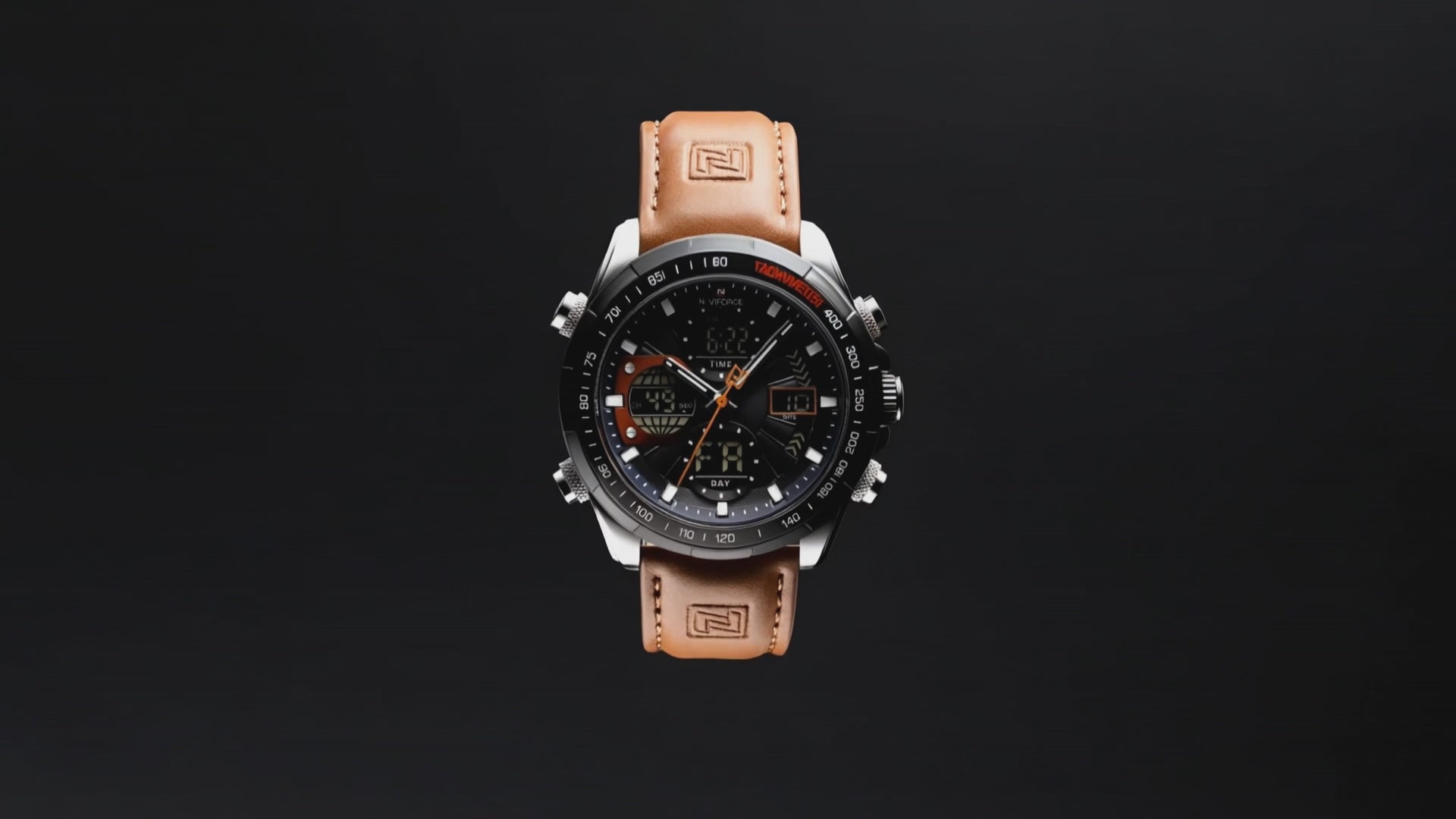Product showcase of the Velocity Brown Military Chronograph Sport Men's - leather watches for men.