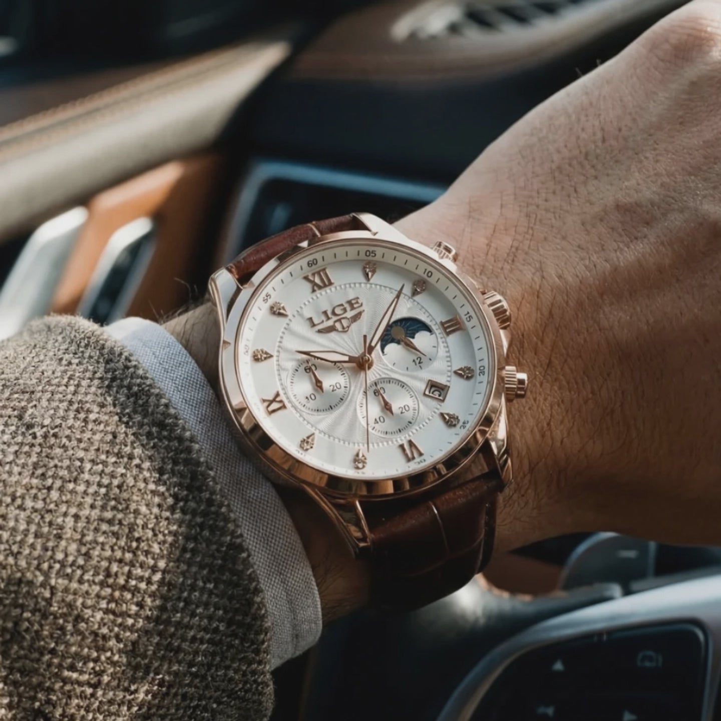 Sterling Sophisticated Dial Leather Band White Brown white watches for men .
