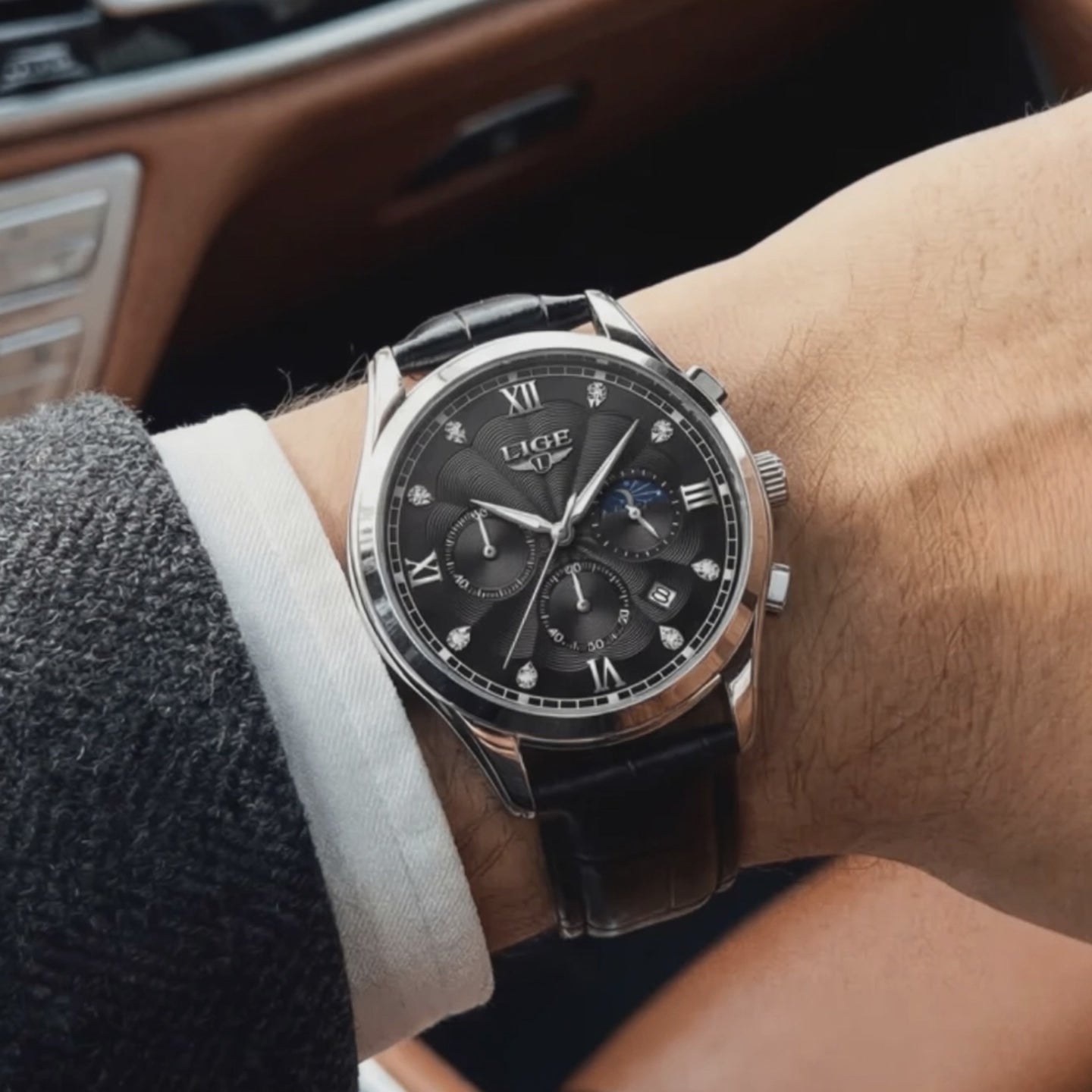 Sterling Sophisticated Dial Leather Band Black black watches for men .