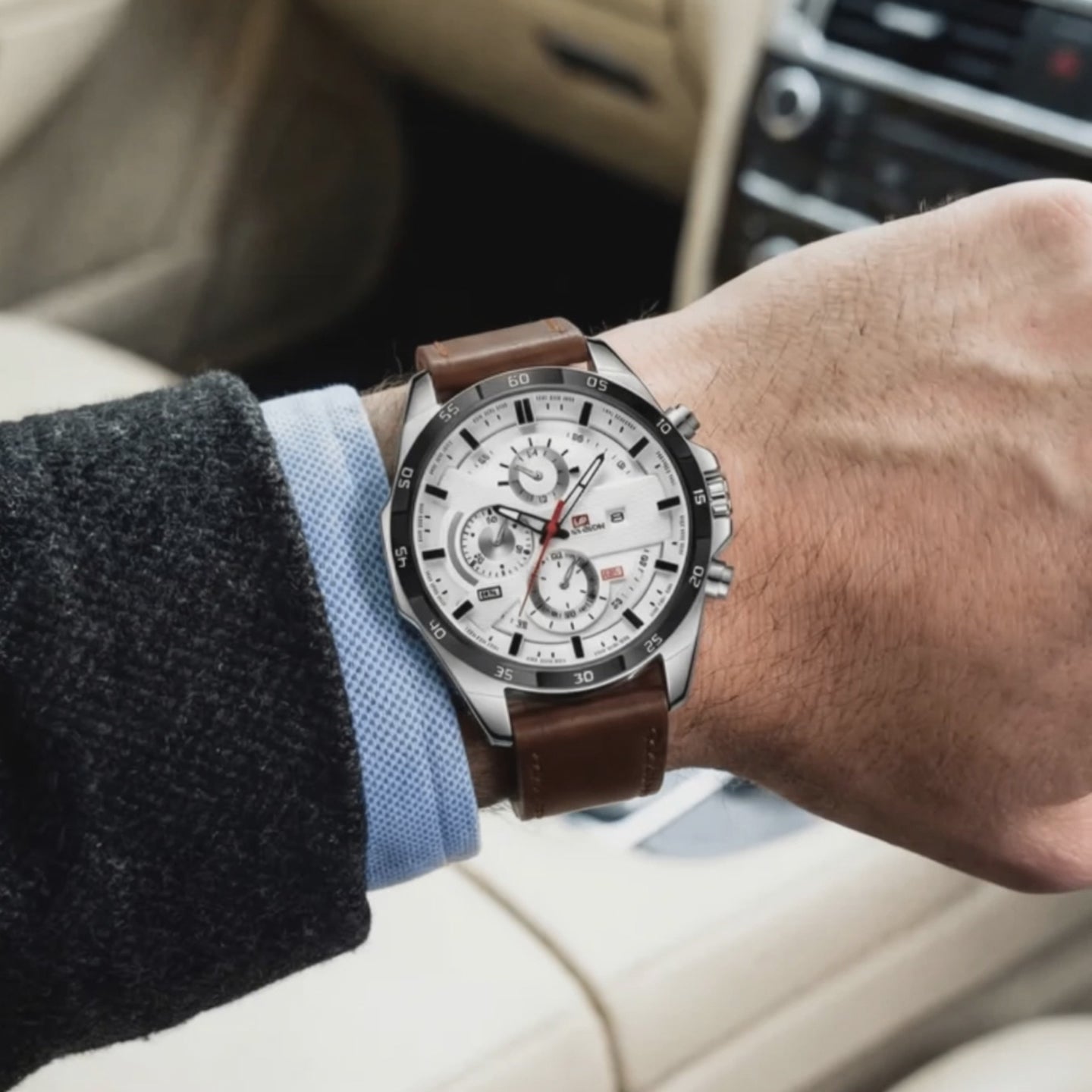 Product showcase of the Ashton Men's Brown White Leather Strap - white watches for men.