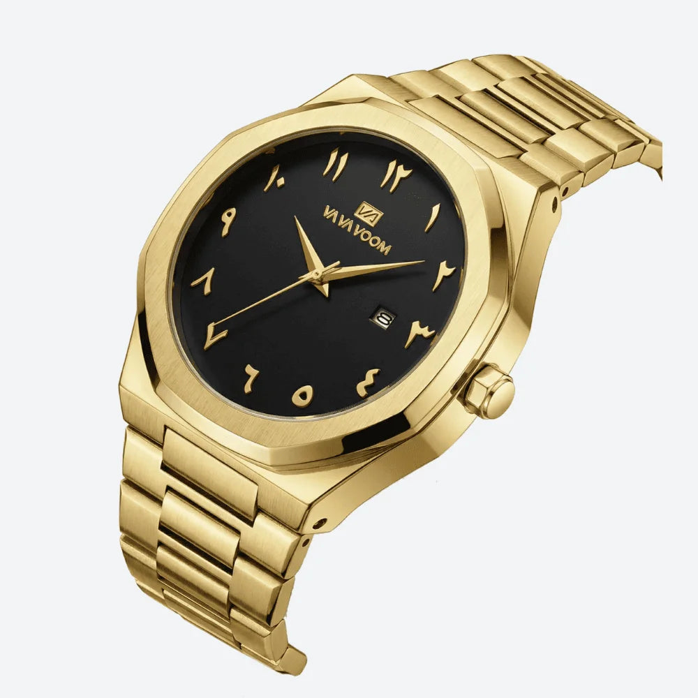 Back case view of an octagonal luxury gold tone watch, highlighting its durable construction.