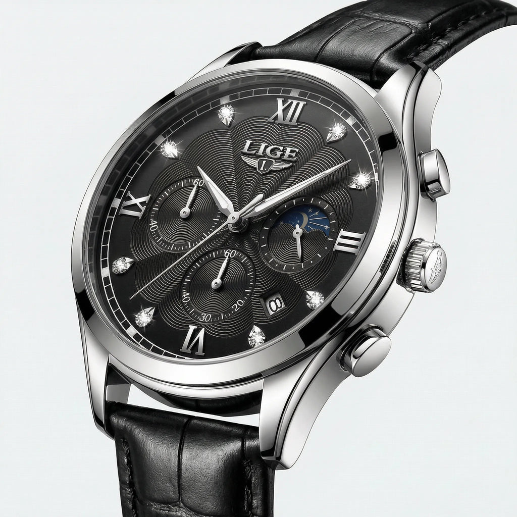 Classic straight-on view of a silver watch with a black dial, a stylish analog watch.