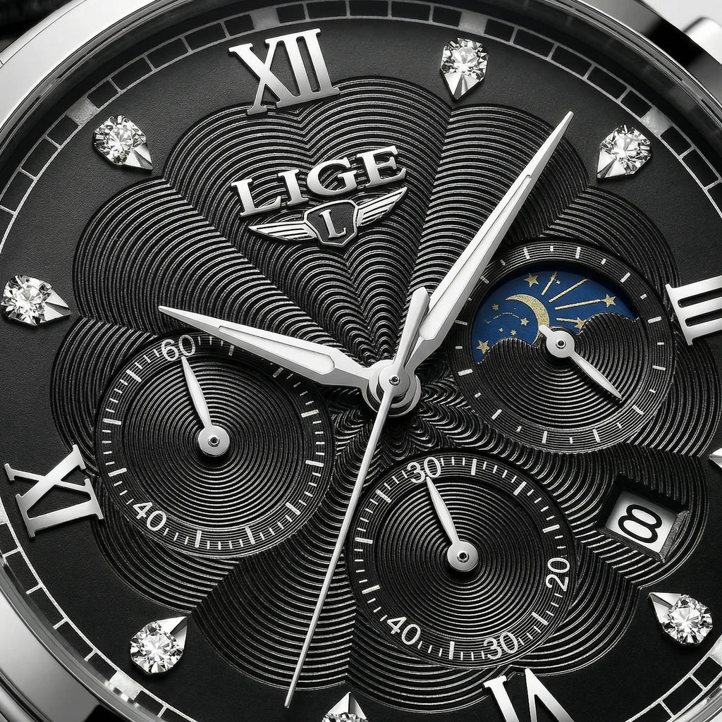 Close-up of the sophisticated black dial on a silver watch, highlighting its minimalist design.
