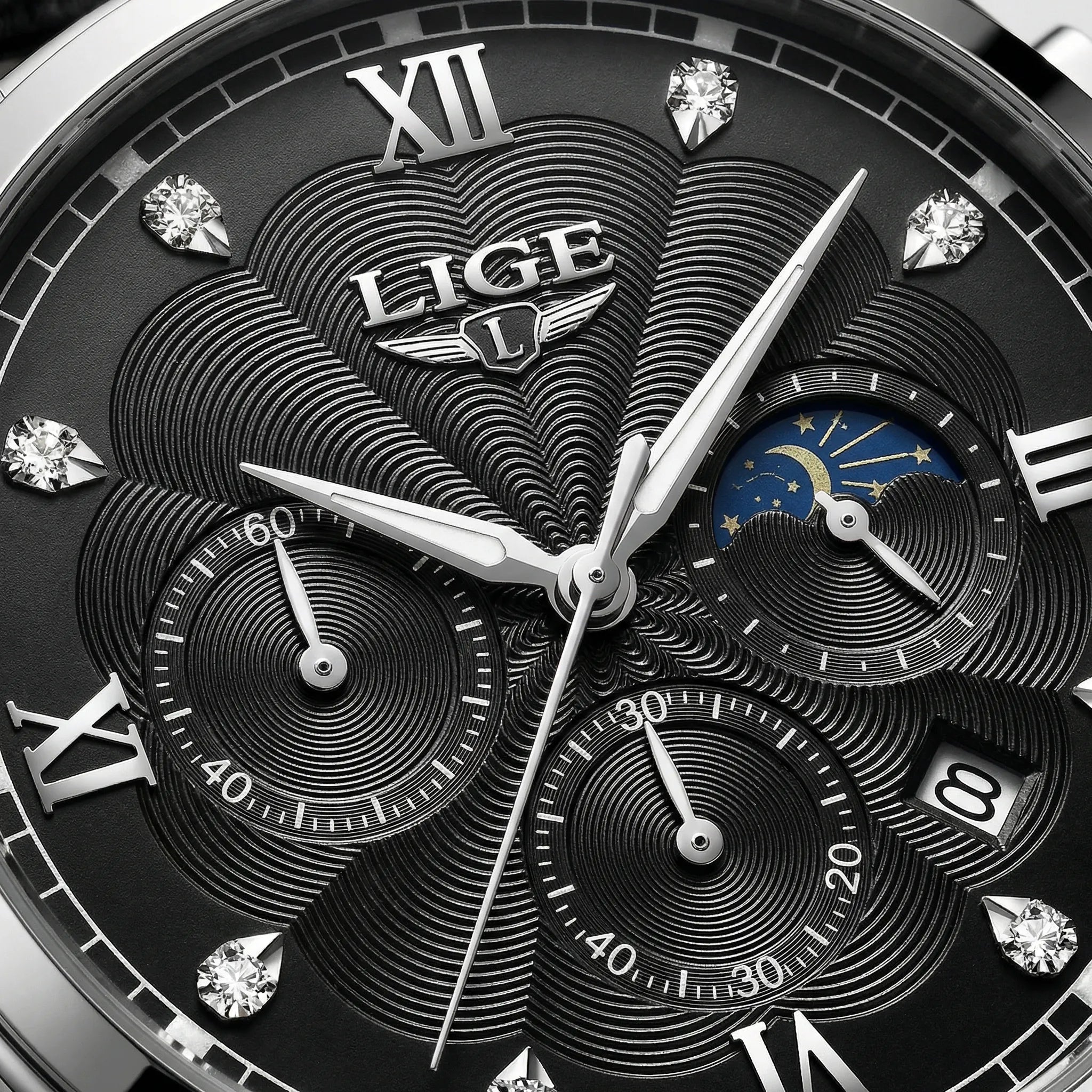 Close-up of the sophisticated black dial on a silver watch, highlighting its minimalist design.