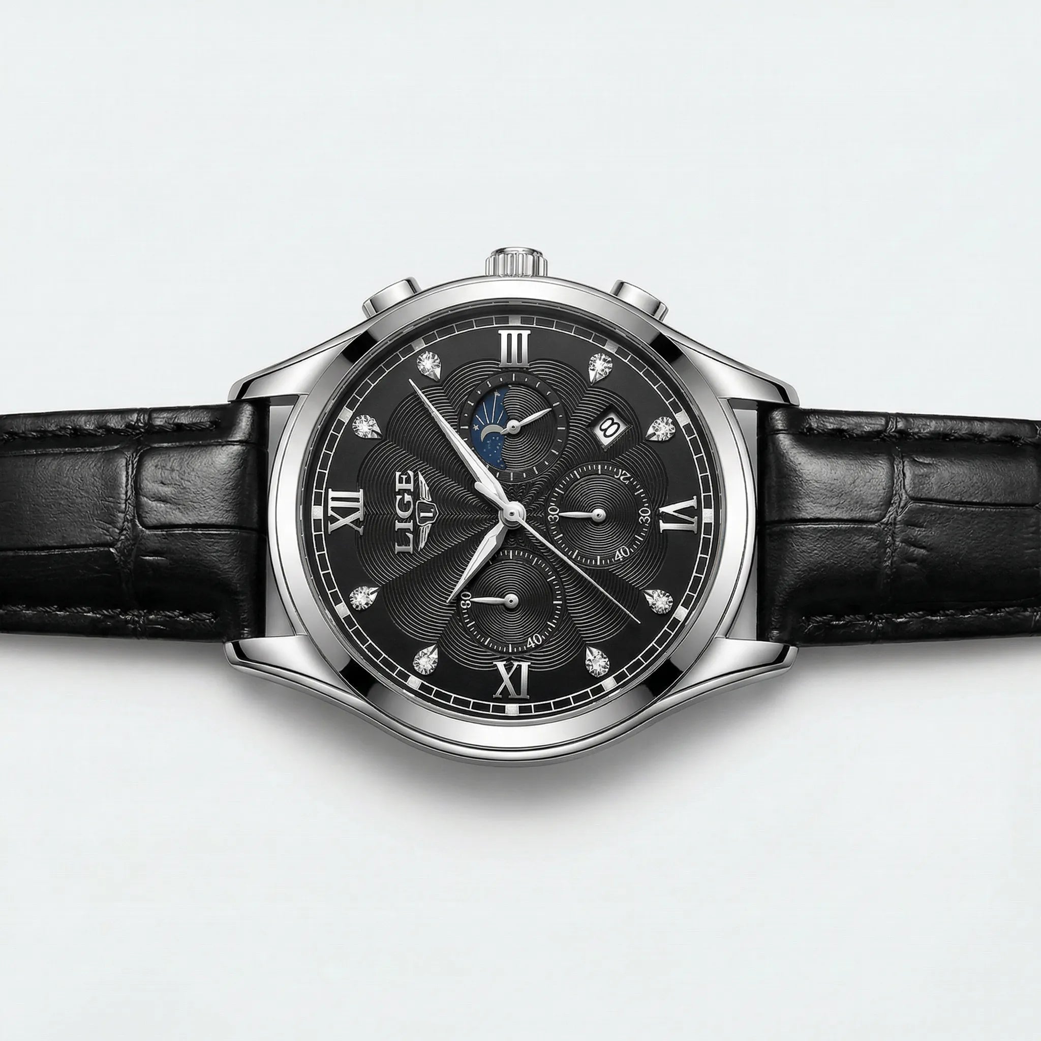 Side profile showing the sleek case of a silver business watch, an ideal formal watch for men.