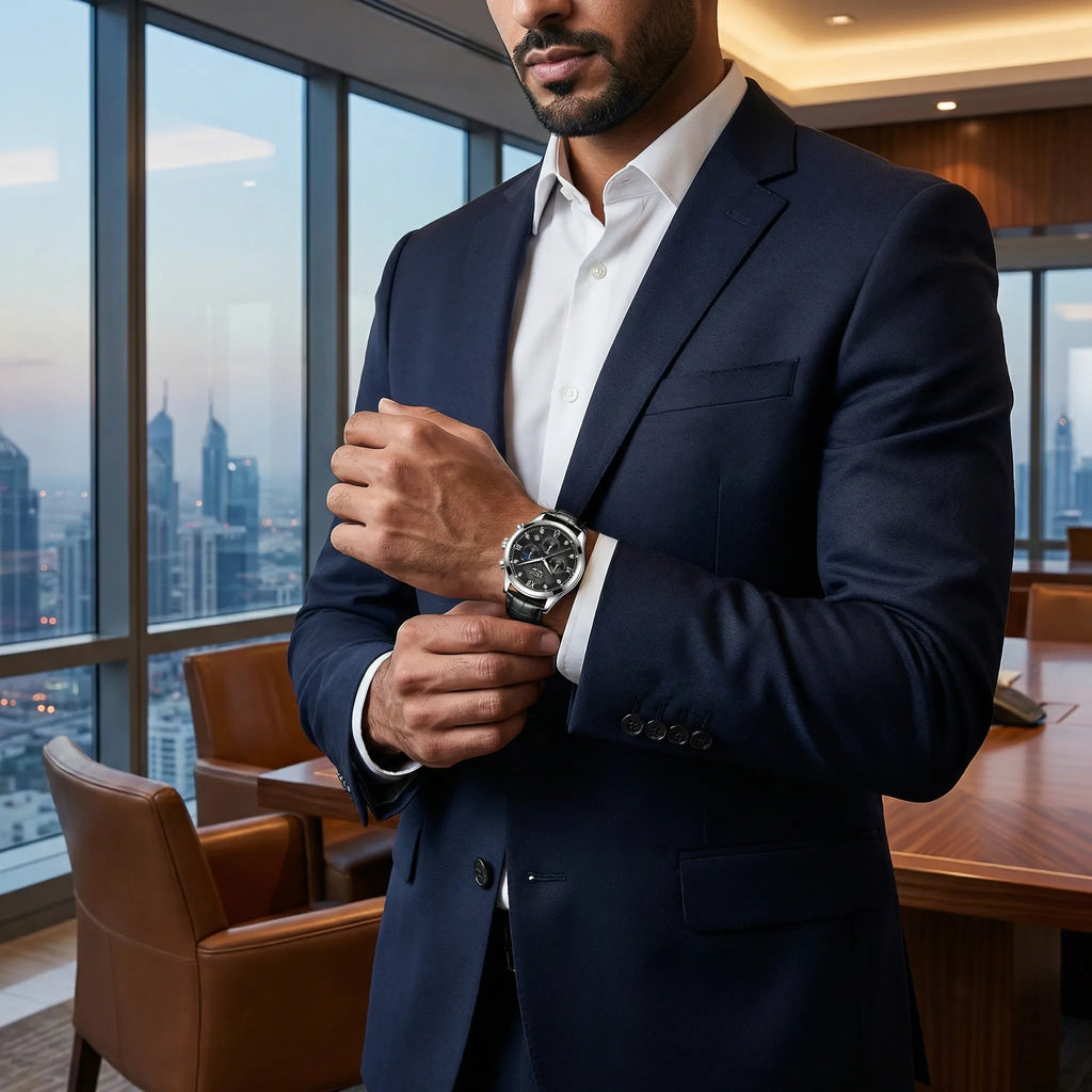 Man wearing a silver watch with a black dial on his wrist, showcasing a luxurious mens silver watch.
