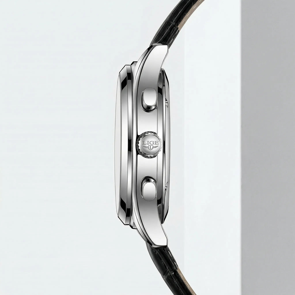 Angled presentation of a sophisticated silver watch, a premium leather strap watch.
