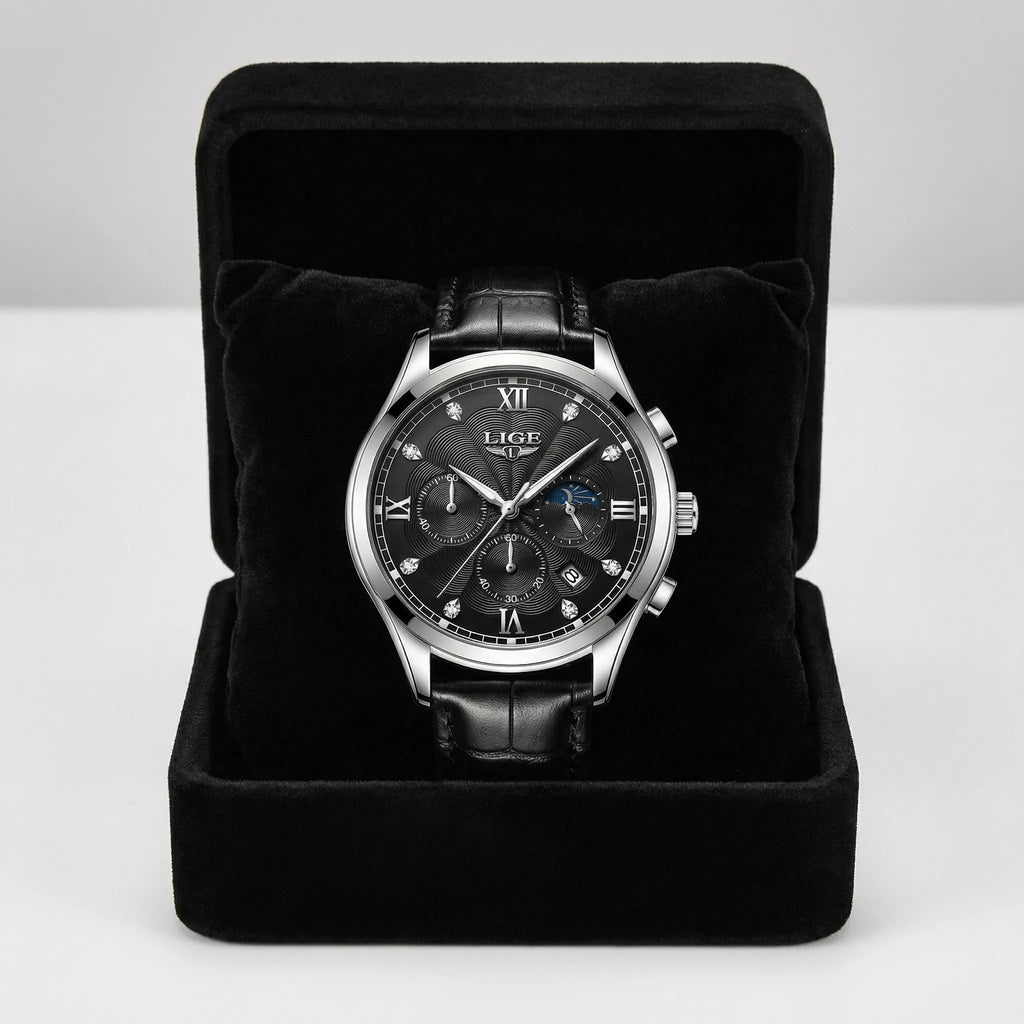 Front straight view of a silver watch with a black dial, an excellent simple watch.