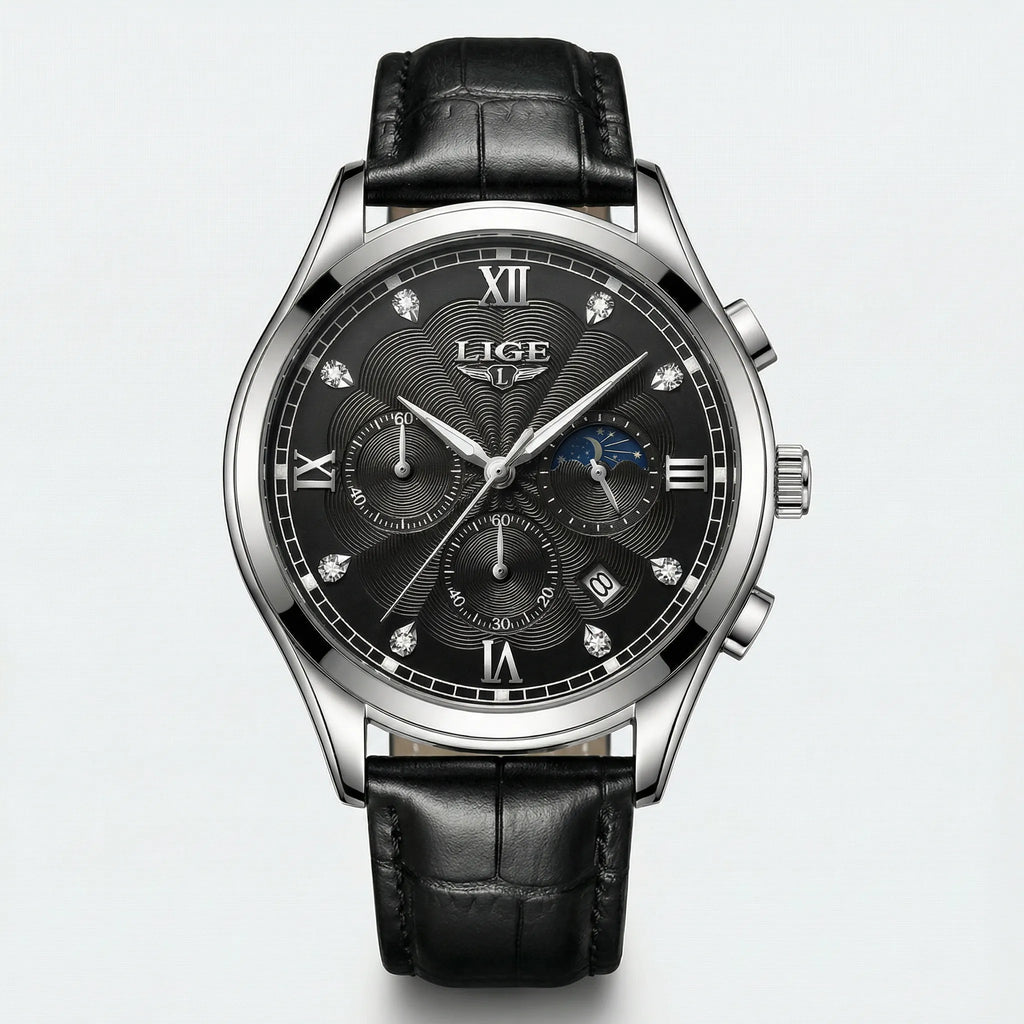Detailed front view of a silver watch with a black dial and leather band, an elegant dress watch.