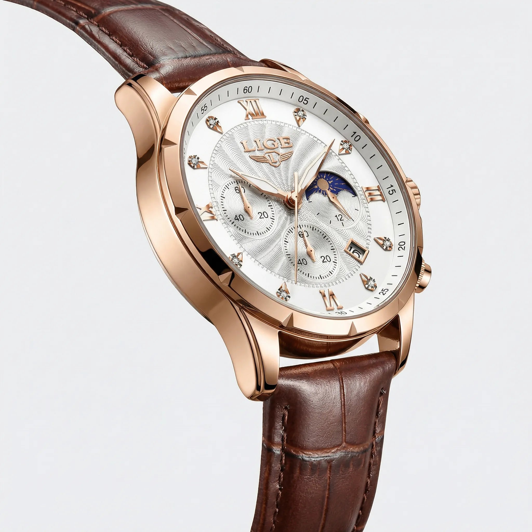 Side profile showing the ultra-slim case of a rose gold watch, a classic simple watch.