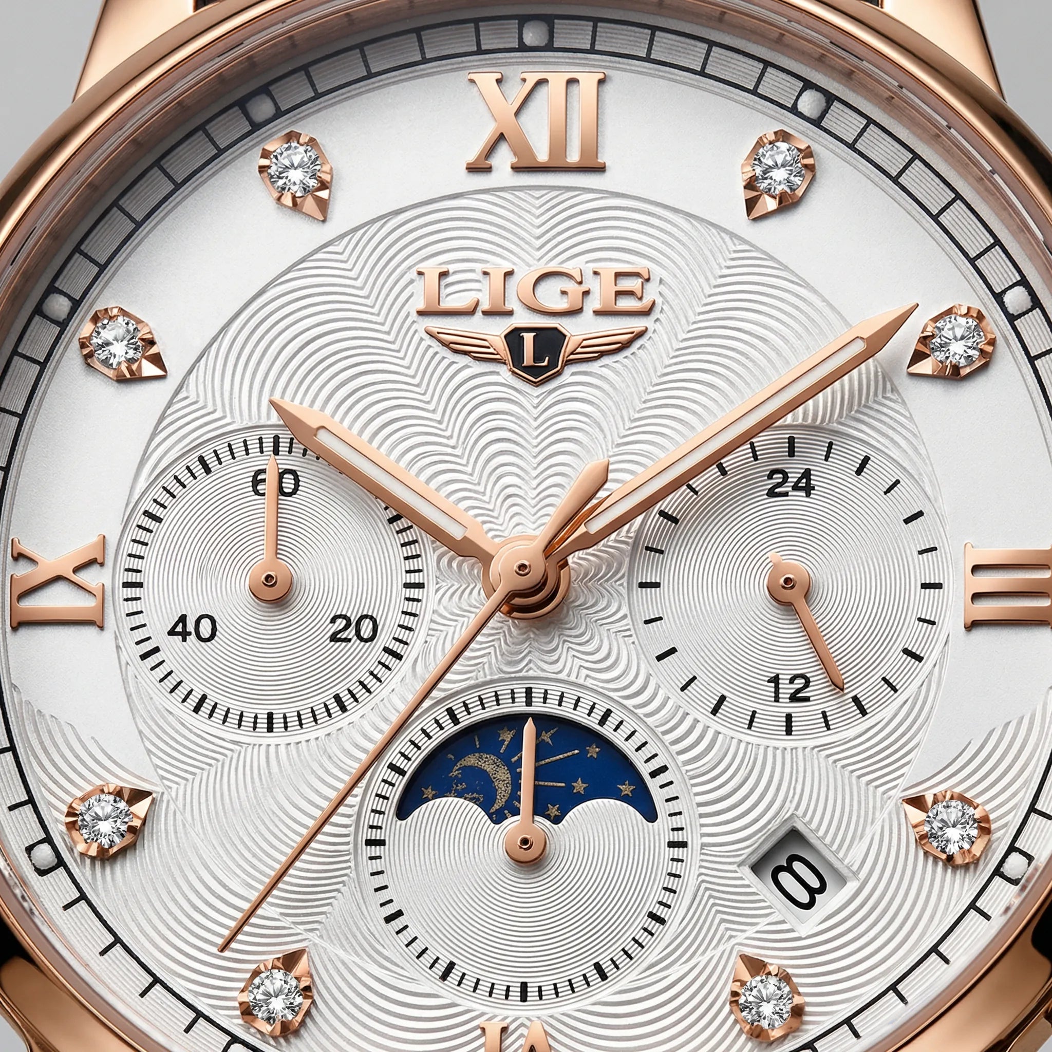 Close-up of the complex white dial on a rose gold watch, highlighting its detailed analog display.