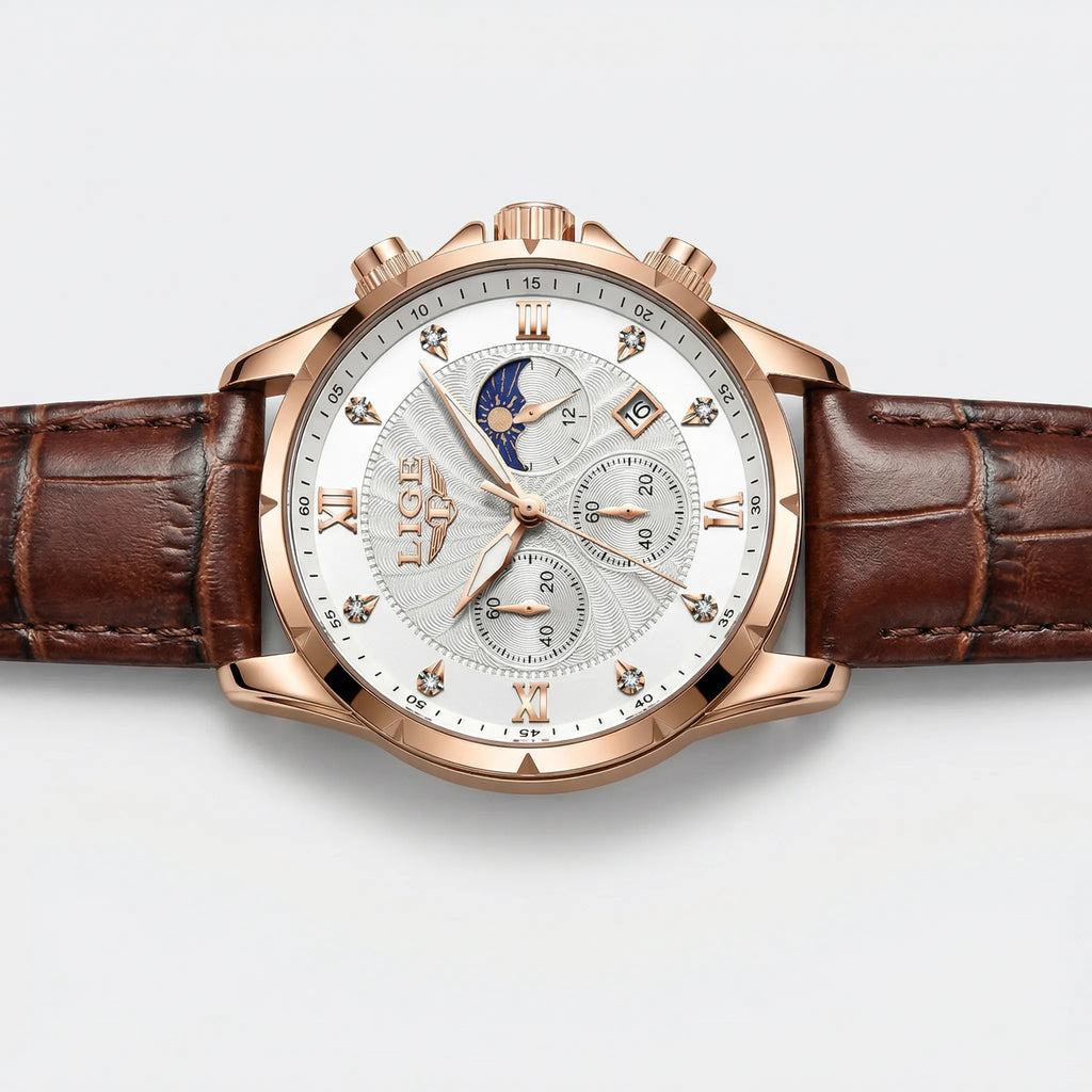 Classic straight-on view of a rose gold dress watch, a timeless addition to watches for men.