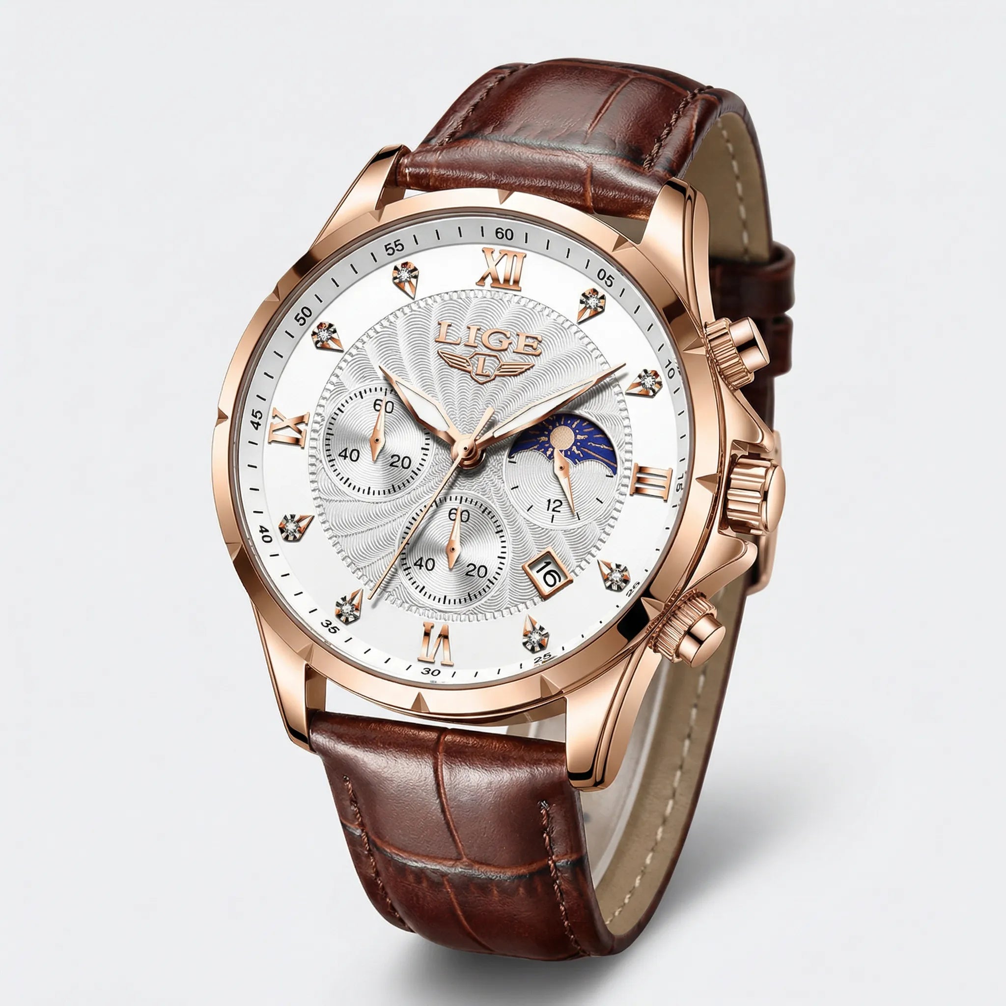 Man wearing a rose gold watch with a white dial on his wrist, showcasing a luxurious accessory.