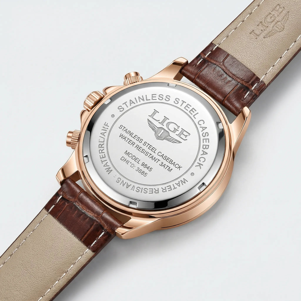 Detailed look at the genuine leather strap on a sophisticated rose gold watch.